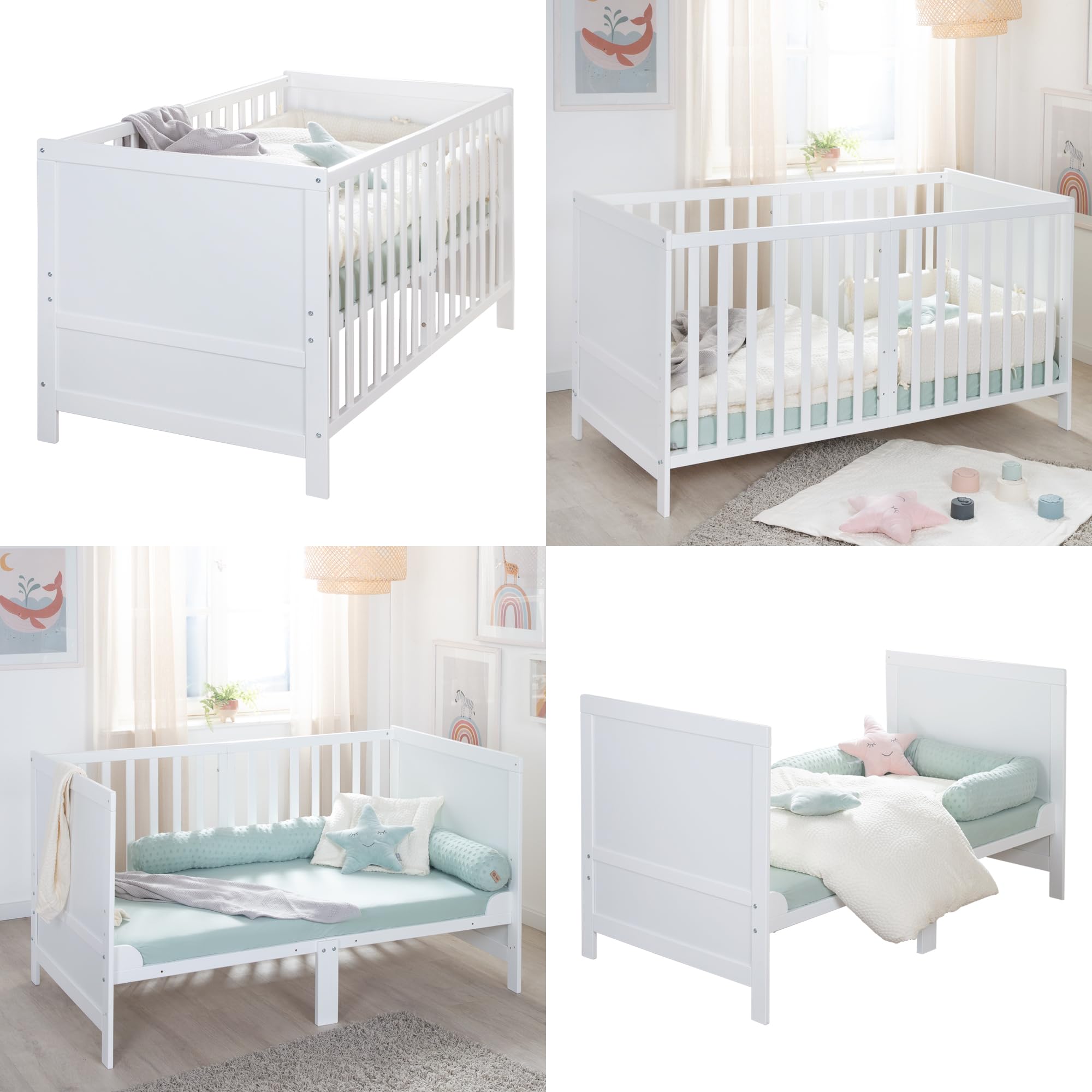 roba Lit Évolutif 70 x 140 cm Easy Sleep - Convertible en Canapé ou Lit Enfant - Jusqu'à 7 Ans - Hauteur Réglable - Coins de Conversion Inclus - 3 Barreaux Amovibles - Blanc