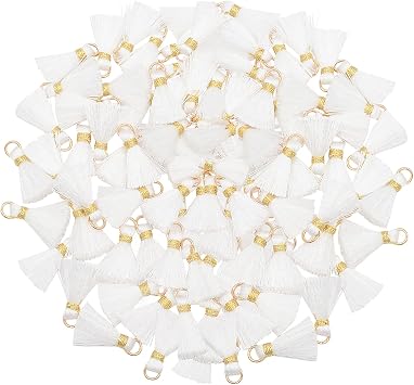 100 pcs Multi-Colors Mini Tiny Handmade Craft Tassels with Golden Jump Ring for Earring Jewelry Accessories and Other DIY Supplies... White, 2 cm