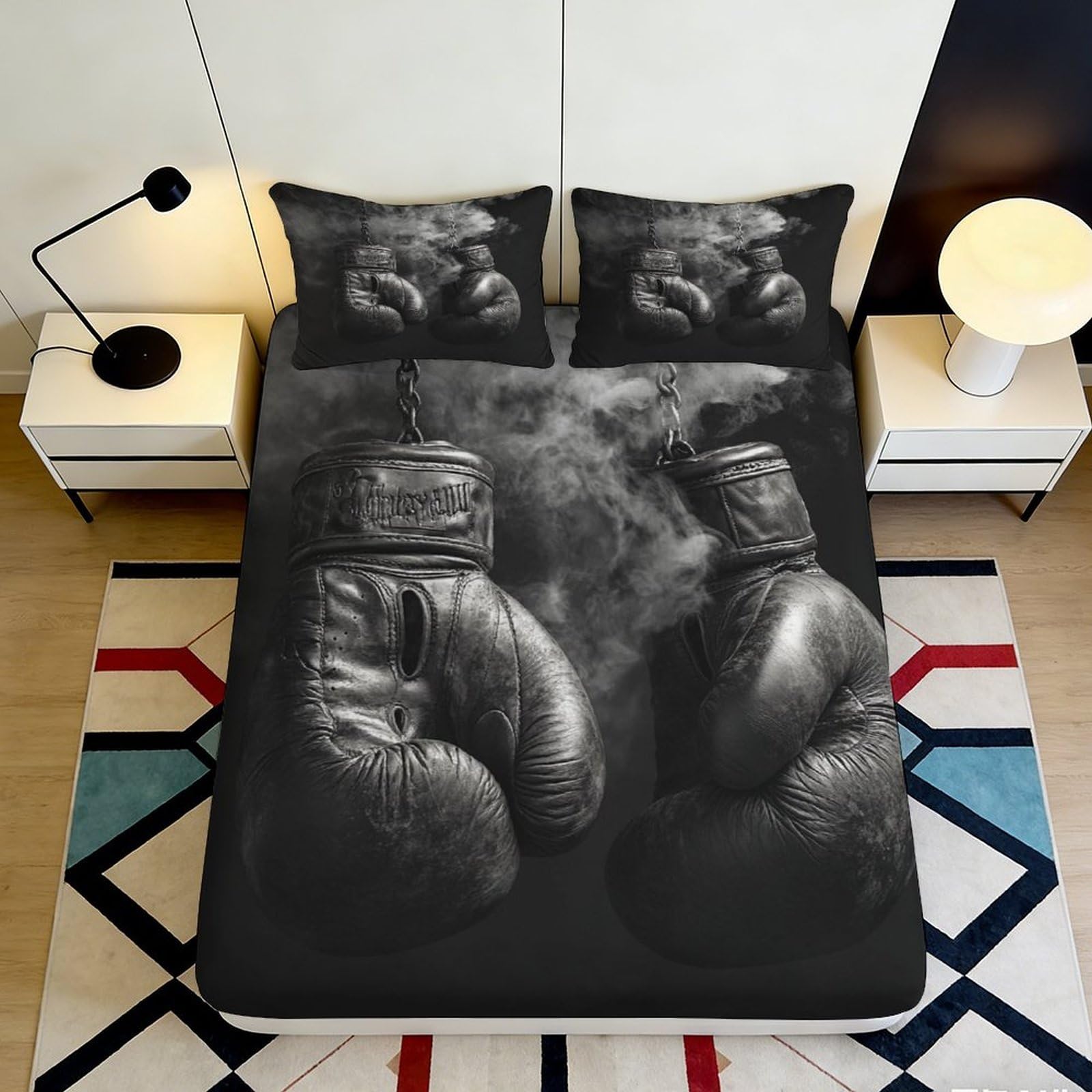 3D Printing Boxing Gloves Fitted Sheet Microfiber Non-Slip Deep Pocket Boxing Gloves Mattress Fitted Cover Bedroom Bedding Full Wrap Washable 140x200x25cm