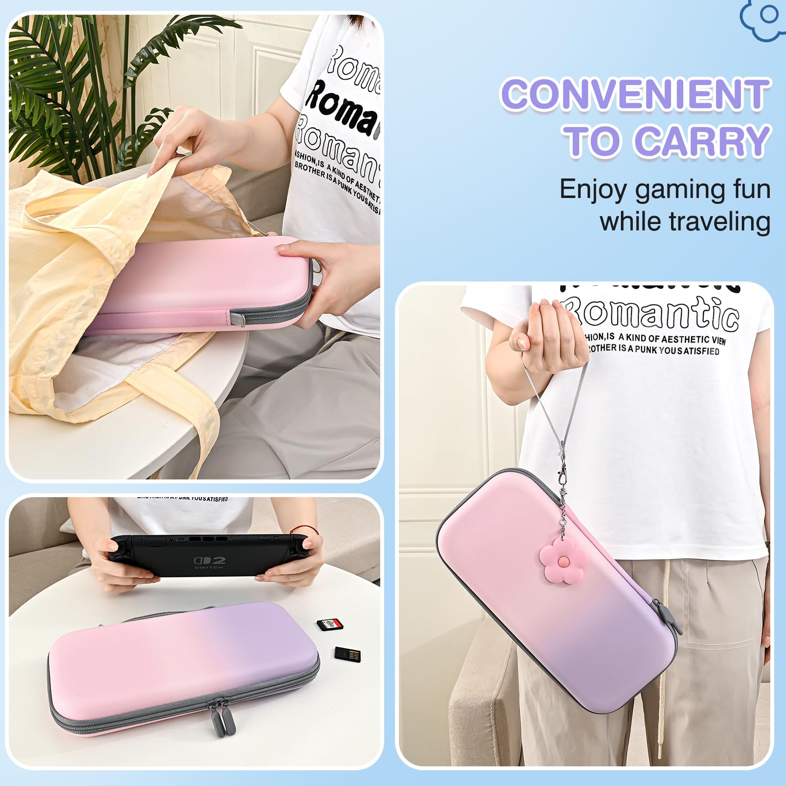 DLseego Tasche nur für Switch 2,Tragetasche für Reise mit Stabiler Schutzhülle,4PCS Daumenabdeckung und 1PC Schöne Blume Charme,Rosa+Lila