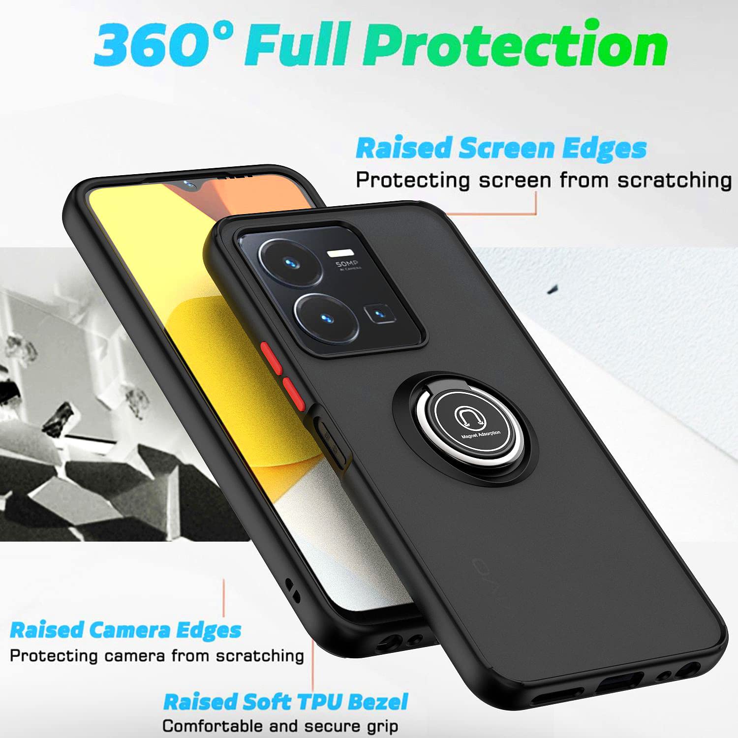 XINYEXIN Cover Traslucida Con Anello Per Vivo Y35/Y22s/Y22: Custodia Antiurdo Con Supporto 360° (Blu Cielo)
