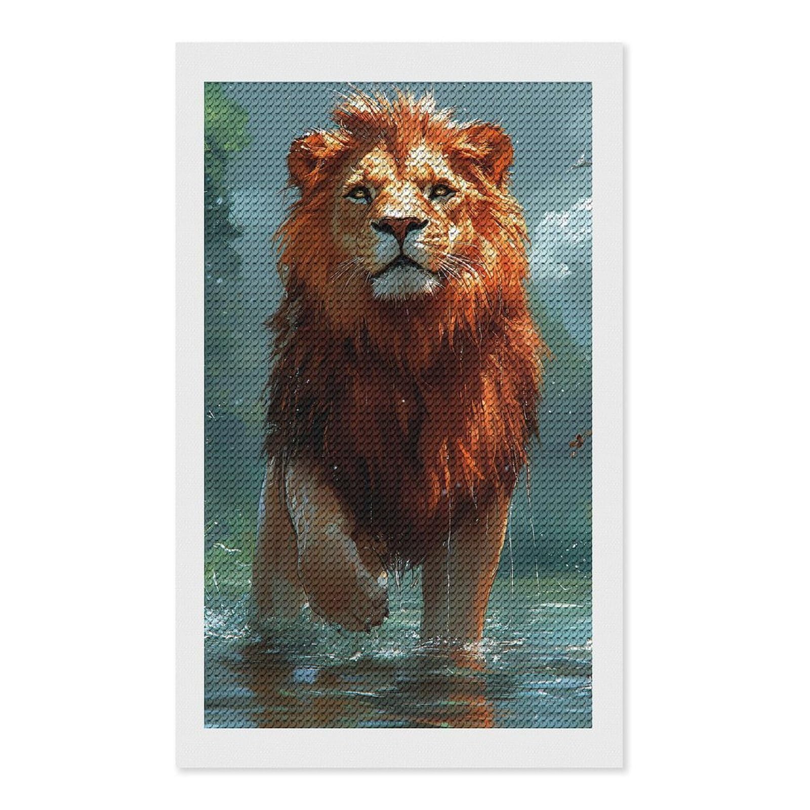 Junmoney Majestic Lion in Water DIY Diamond Art Canvas Kit 12"x20", Adhesive Canvas, Easy to Enjoy, Farmhouse Decor, Festive Craft Gift