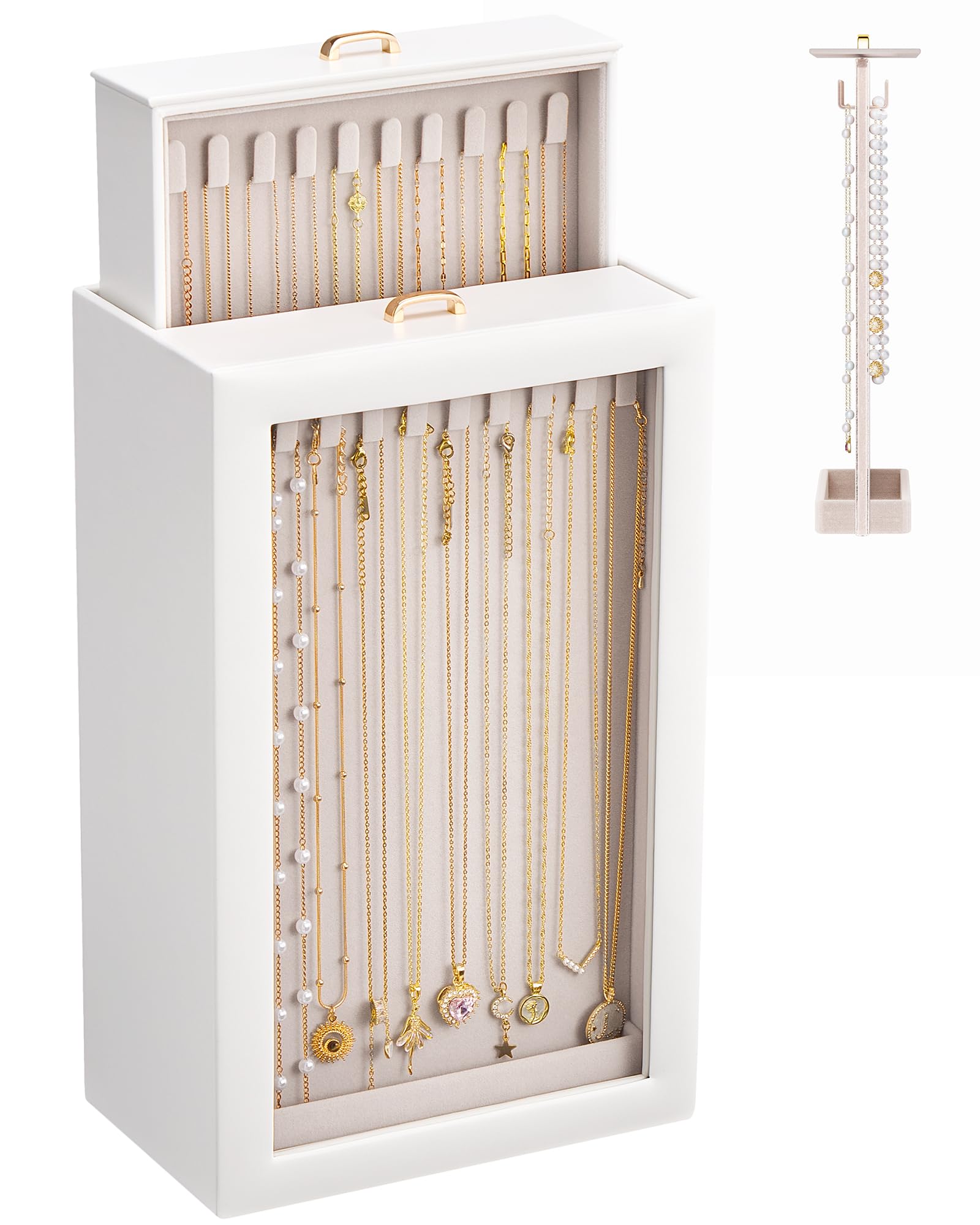 Lolalet Upgraded Double-Sided Hanging Necklace Organizer Box, Jewelry Display Case with Double-Sided Clear Window for Necklaces Bracelets, Tangle-Free