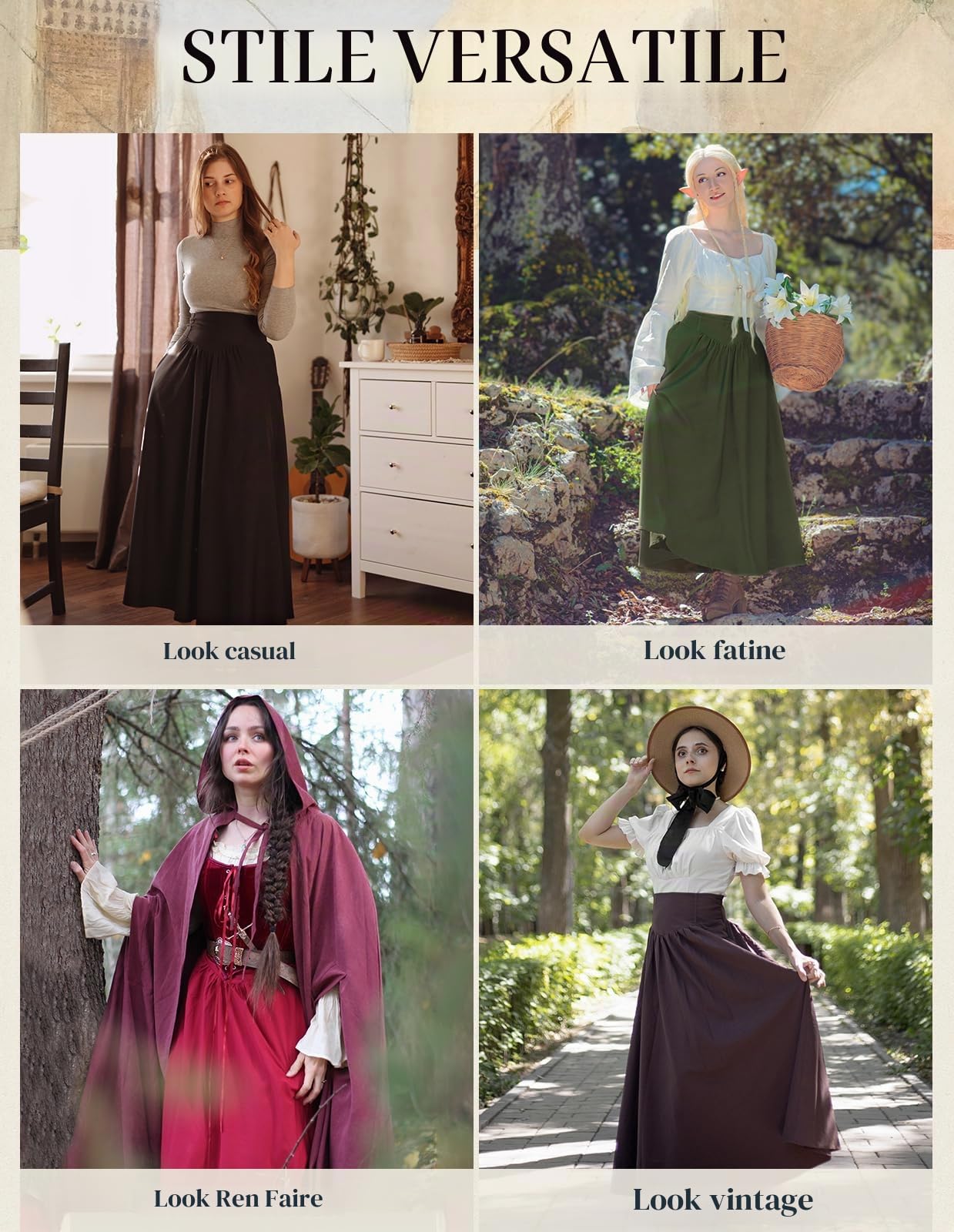 SCARLET DARKNESS Gonna vittoriana da donna a vita alta, maxi gonna medievale