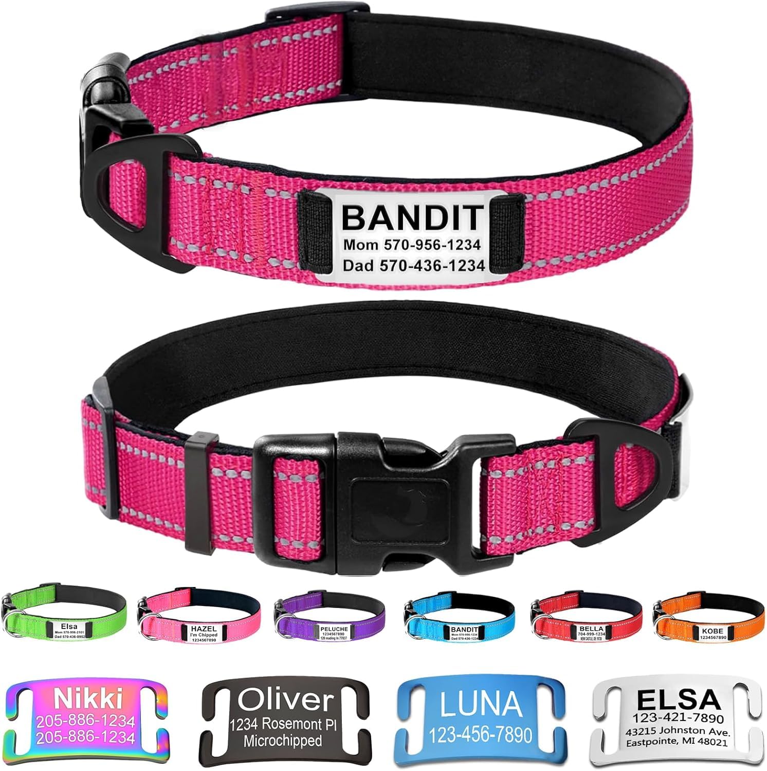 Custom Dog Collars with Name Plate, Engraved Name Plate ID Tags with Reflective Nylon Dog Collar,Soft Neoprene Padded Adjustable Pet Collar for Small Medium Large Dogs,S Rose Red