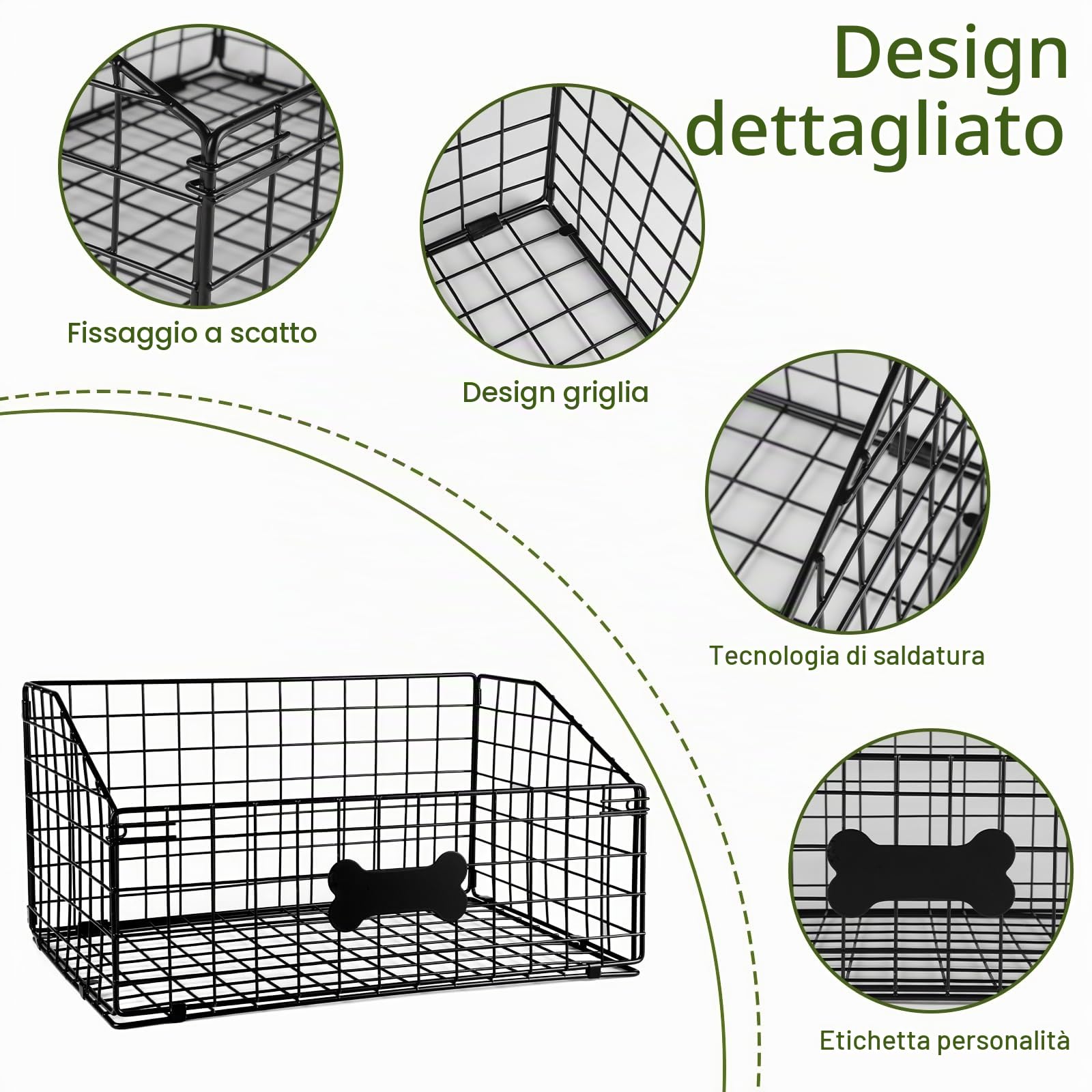 Cesto Organizzatore per Giocattoli di Cani e Gattini, Grande Capacità con Design, Contenitore Pieghevole in Metallo Resistente ai Morsi, Cesto Multiuso per Giocattoli e Alimenti 40x27x21cm Nero