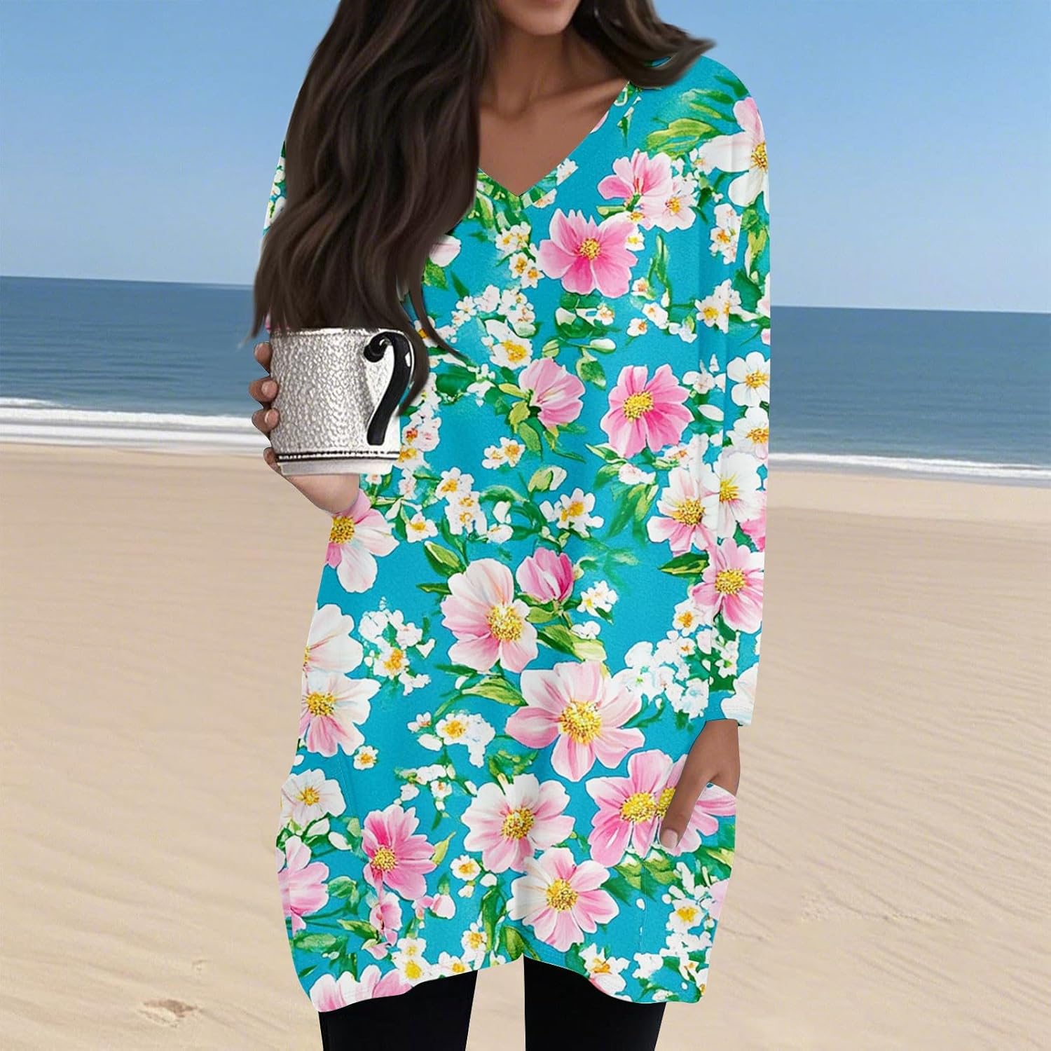 Womens Dressy Casual V Neck Tops Mid Length Ladies Fall Outfits Trendy Long Sleeve Floral Print Shirts - Image 2