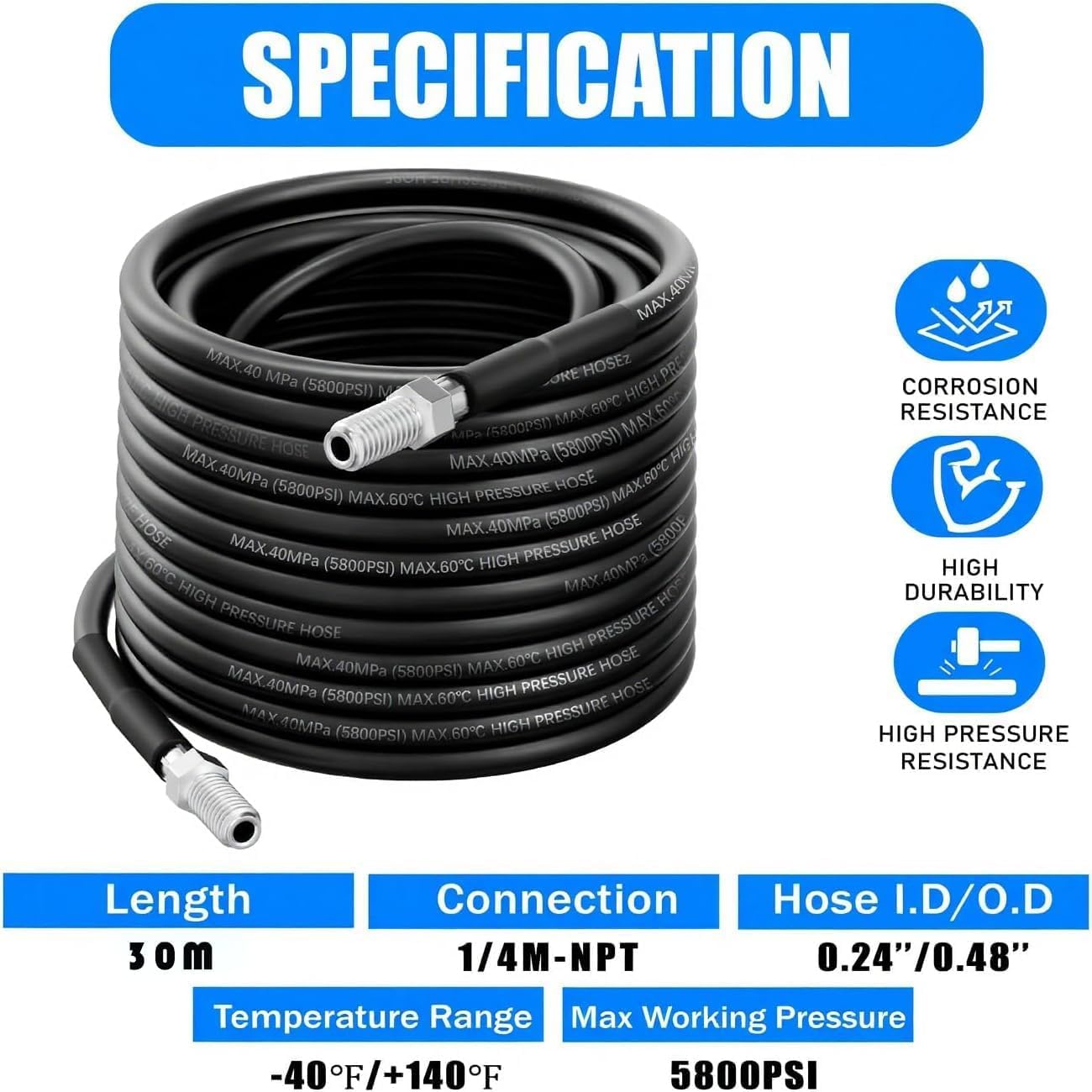 Kit de tuyau de jet de drainage, tuyau à haute pression de 30m de 400 bars pour drains bloqués, patios et allées, compatible avec plusieurs marques de laveuses à pression