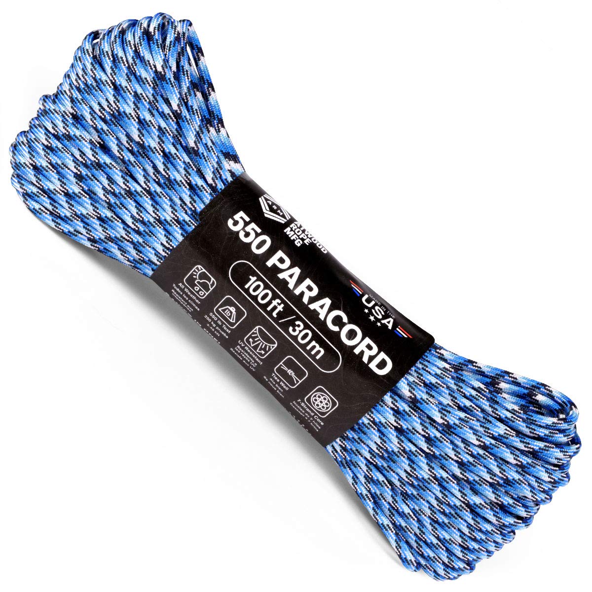 Atwood Rope MFG 550 Paracord 100 Feet 7-Strand Core Nylon Parachute Cord Outside Survival Gear Made in USA | Lanyards, Bracelets, Handle Wraps, Keychain (Blue Snake)