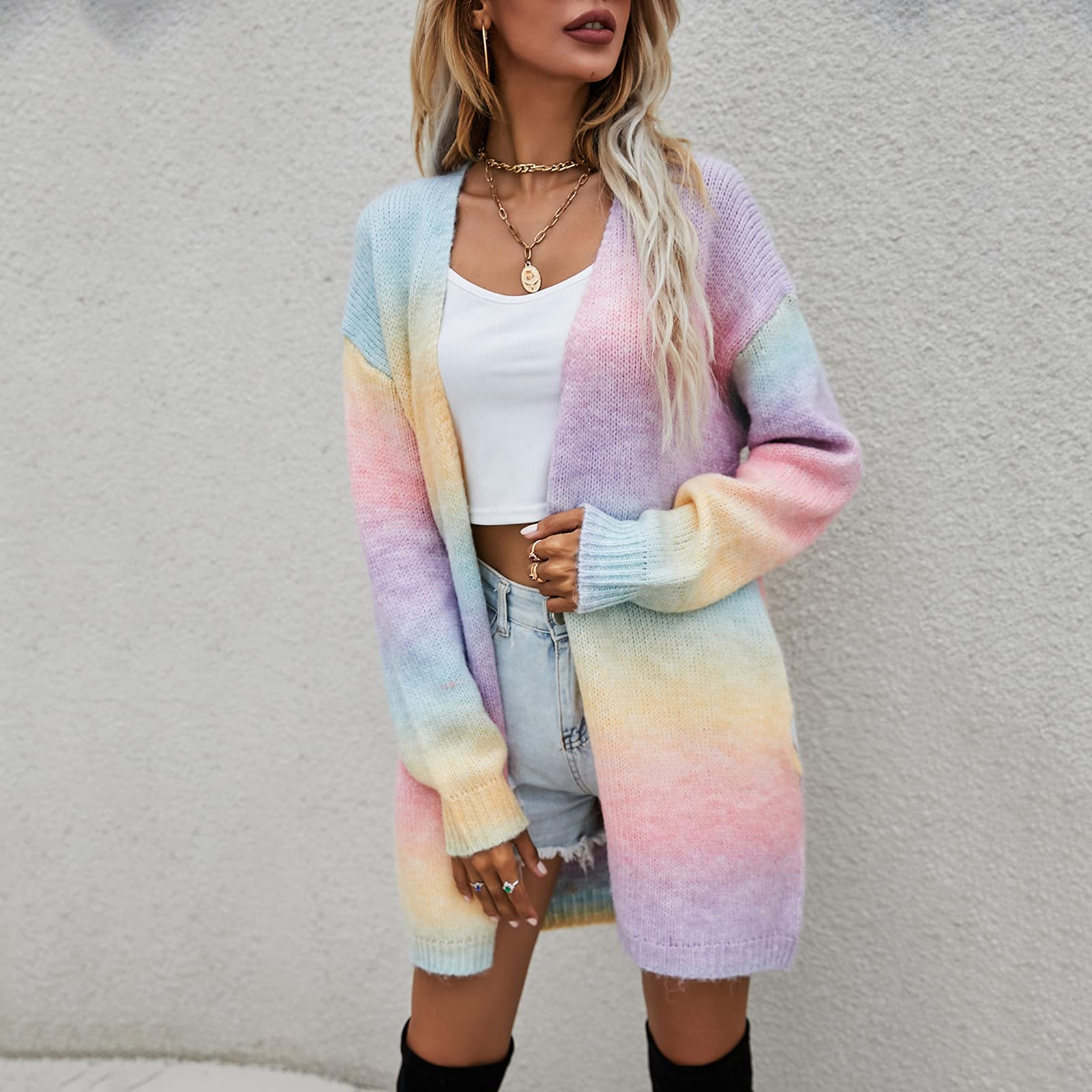 Generisch Chaqueta de forro polar para mujer, informal, estampado de Tie Dye, parte delantera abierta, manga larga, cárdigan de punto suelto, abrigo midi para exteriores