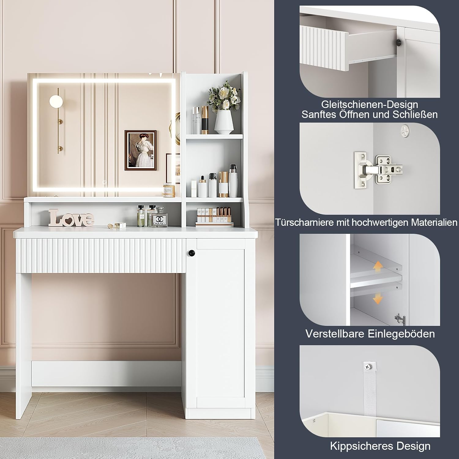 Close-up views of Dripex Vanity Desk features: smooth drawer slides, high-quality door hinges, adjustable cabinet shelves, and anti-tip design.