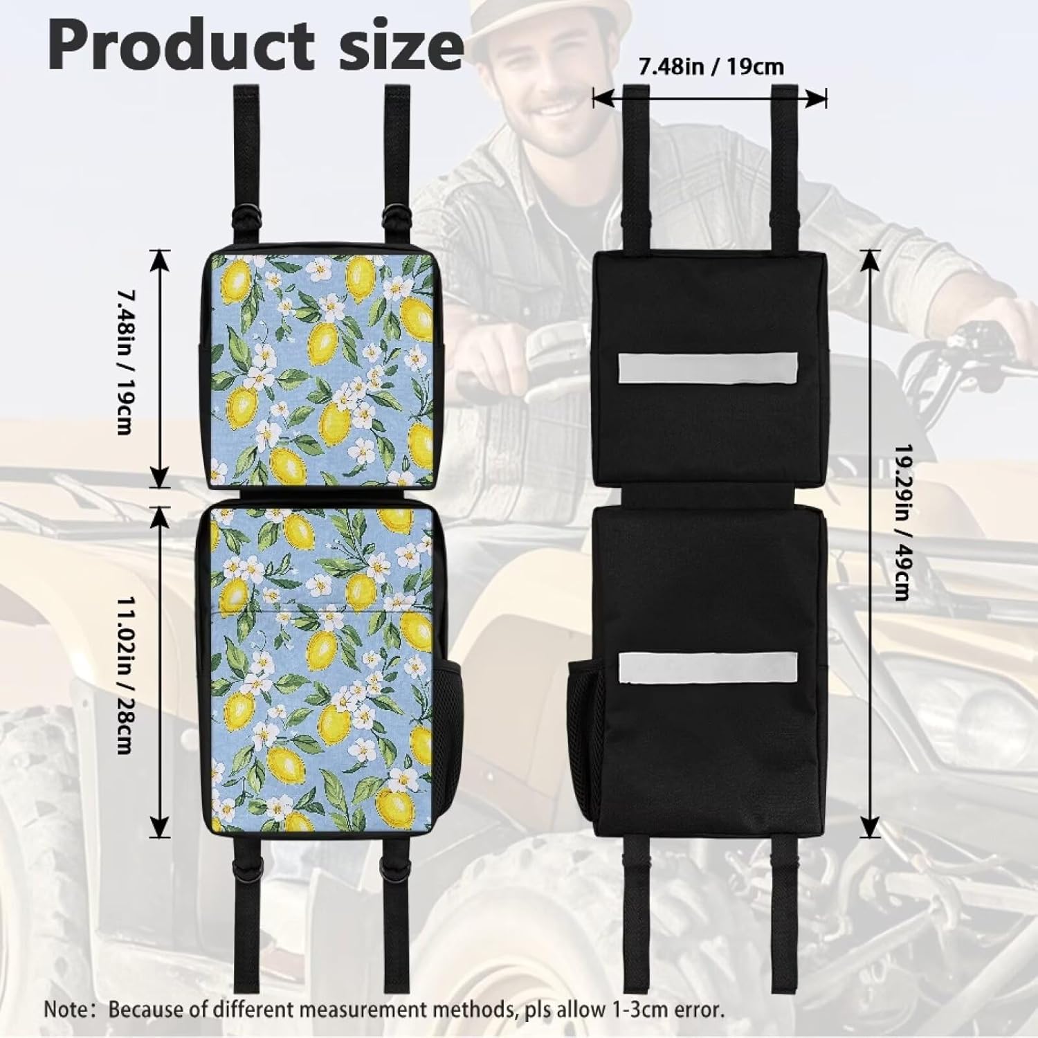 SEANATIVE ATV Fender Bag Summer Lemon Print Rear Storage Bags With Drink Holder Detachable ATV Gear Bag Compatible Most 4 Wheeler Accessories Hanging Cargo Bags