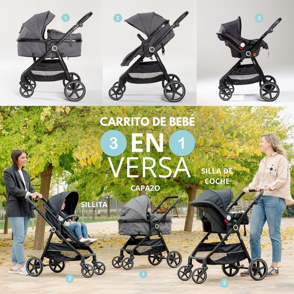 Carrito Bebe 3 en 1 Interbaby | Silla Paseo desde Nacimiento hasta 48 meses o 22 kg | Capazo Acolchado, Amortiguadores, Asiento Ajustable y Silla de Auto (Grupo 0) | Cochecito bebe Modelo Versa Negro