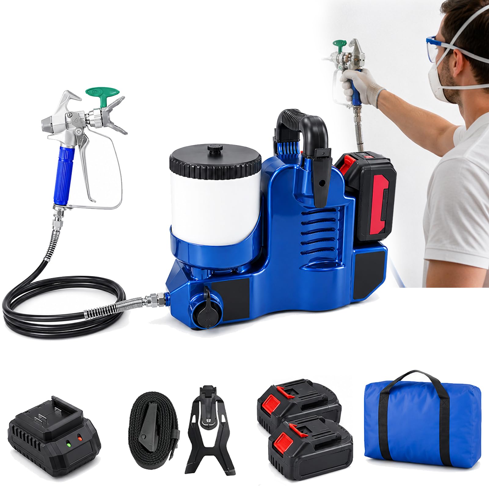 Pistolet à Peinture Airless pour Clôtures et Murs, Pulvérisateur sans Fil 650W avec 2 Batteries, Trémie 1,2 L, Buse 514, 15MPa, 1,1L/Min, 6 Vitesses, Station Haute Pression Extérieure