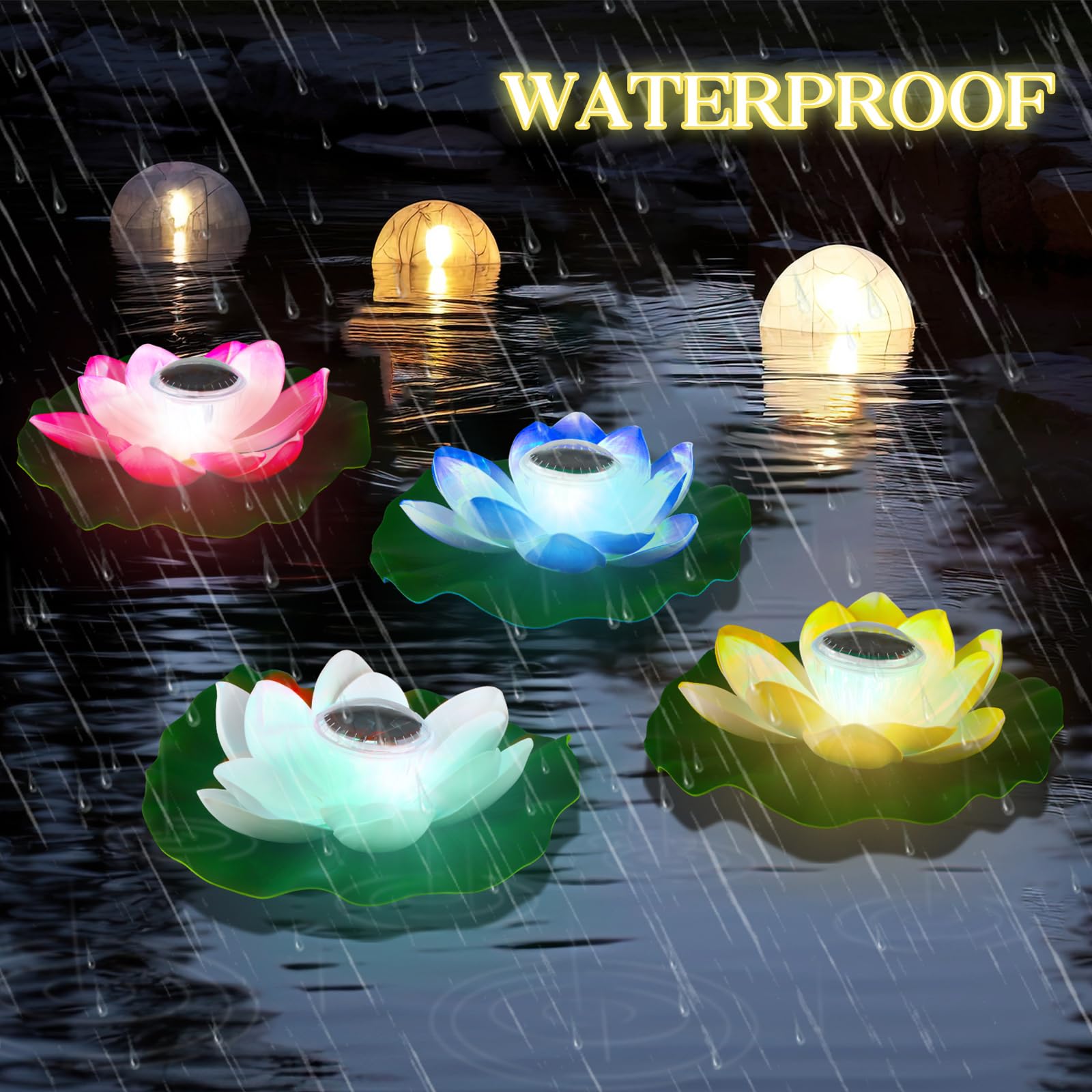 VIHOSE 4 luces solares de 11 pulgadas para estanque, lámpara flotante de flor de loto, luz de lirio, luz flotante para piscina, estanque, decoración de jardín, 4 unidades