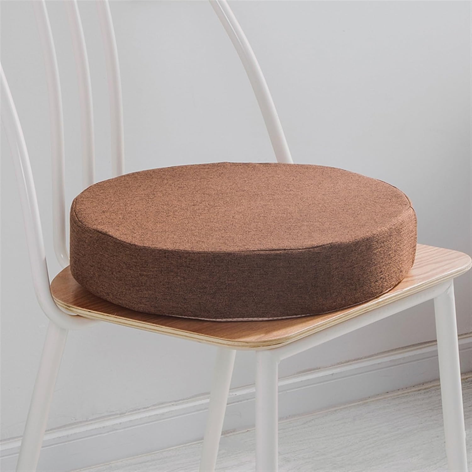 Reyox Thicken Cotton Linen Chair Cushion, Non Slip Seat Cushion for Recliners, Armchairs 3" Thick Round Brown 16" x 16"