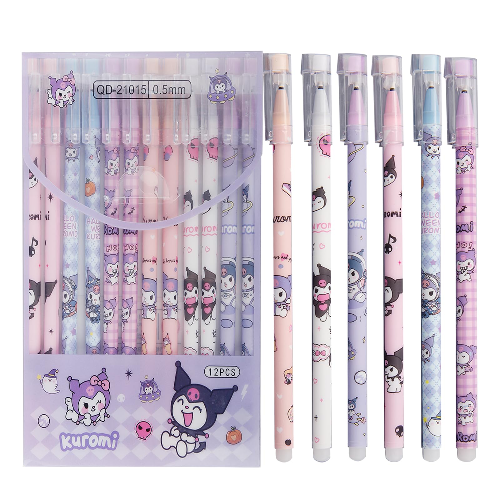 Cartoon Erasable Gel Pens, 12 Pcs Black 0.5mm Roller Ball Cute Erasable Gel Ink Pen