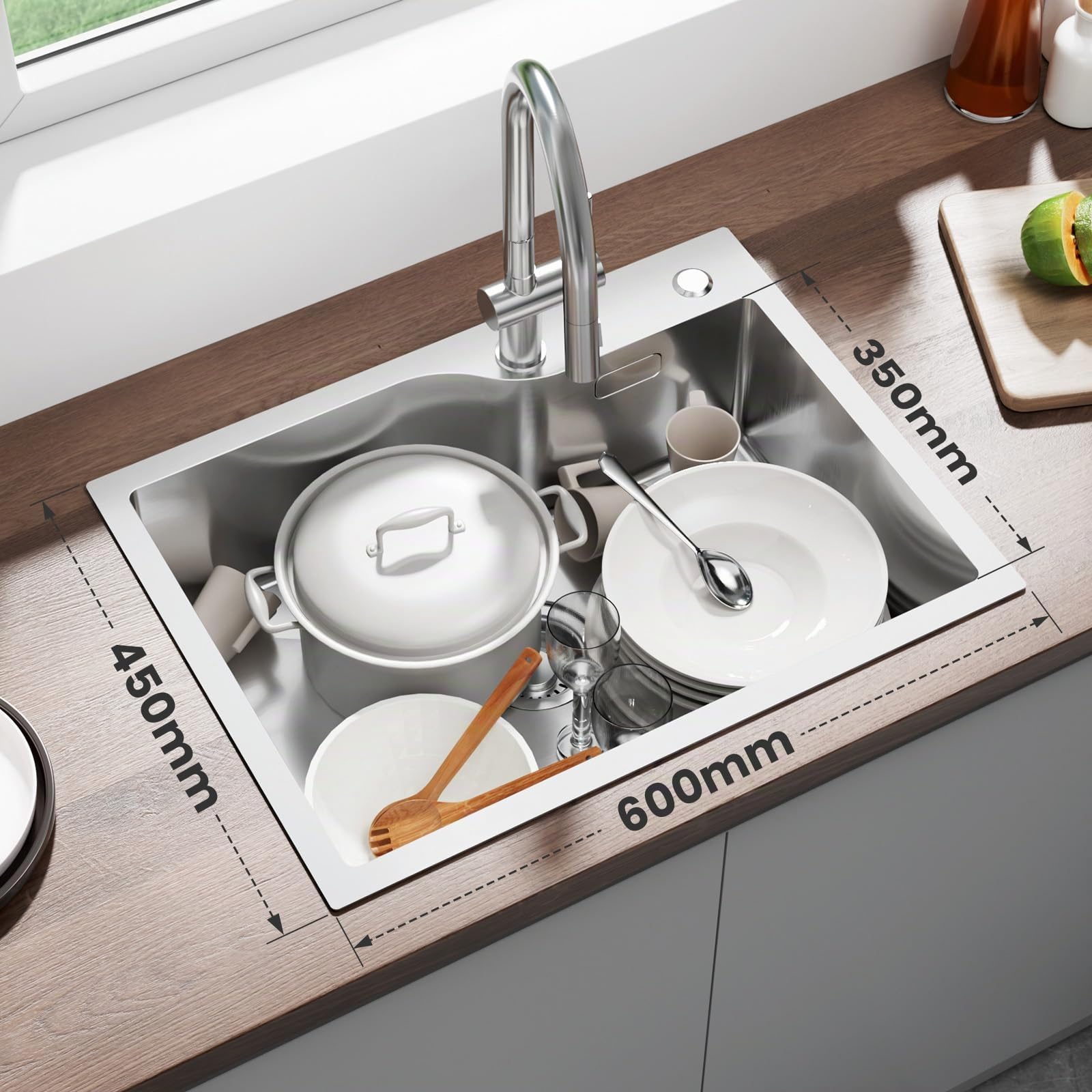 CECIPA Fregadero de acero inoxidable 60x45 cm, Fregadero empotrable de acero inoxidable incluye cesta escurreplatos, Fregadero de cocina con orificio para grifo para a partir de 60cm, Lavabo de acero