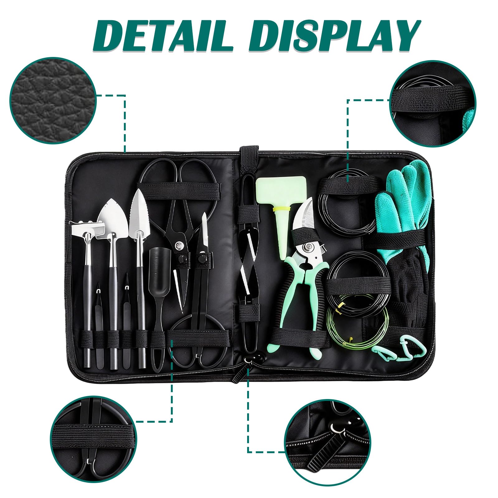 23 Pièces Kit Bonsai, Garden Tool Kit, Outils Jardinage, Outils Bonsai avec Gardening Trowel, Mini Rake and Spade, and Garden Gloves, Portable Kit Jardinage Convient Aux Passionnés Jardinage, Vert