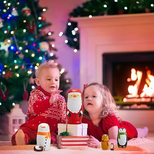 Miniatura 6 de Muñecas anidables de Navidad, 2 juegos de muñecas rusas de madera, hechas a mano, lindas muñecas Matryoshka, muñecos de Navidad, muñeco de nieve,