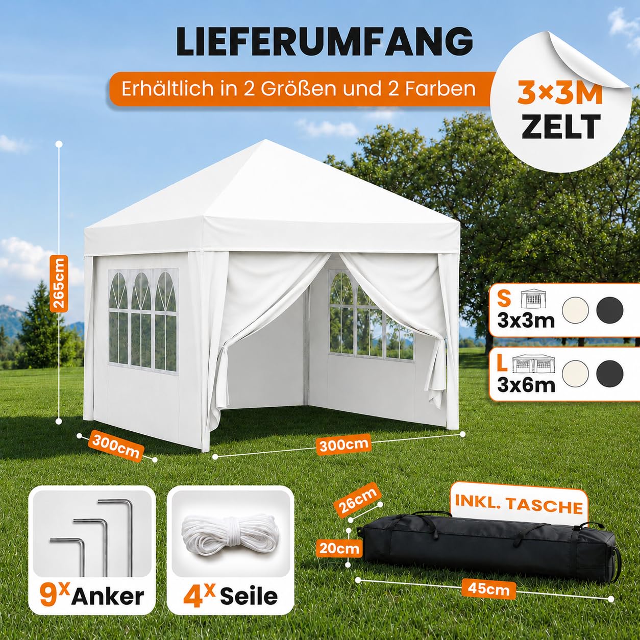 NATURIZ® Pavillon 3x3 Wasserdicht Stabil und UV 50+ Schutz - Faltpavillon mit Seitenwänden - Pop Up Zelt für Garten, Camping, Marktstand & Partyzelt, Gartenpavillon, Gartenzelt, Festzelt (Beige)