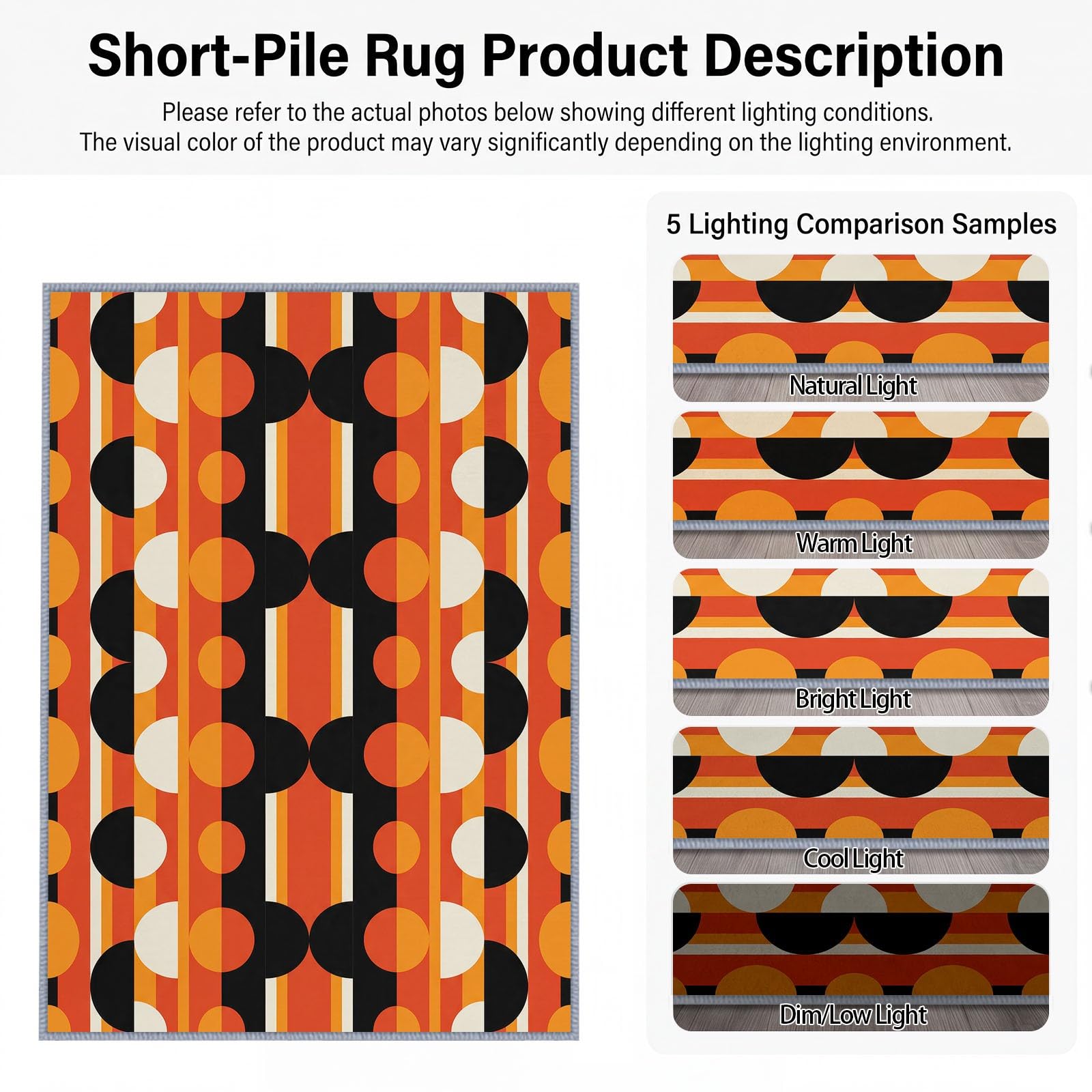 Tapis Salon Lavable en Machine Rayures Géométriques Rétro Semi Circulaires Tapis de Chambre à Poils Courts, Antidérapant Doux Poil Ras Rug, Idéal pour Chambre d'enfant, Couleur Orange, 160 x 230 cm
