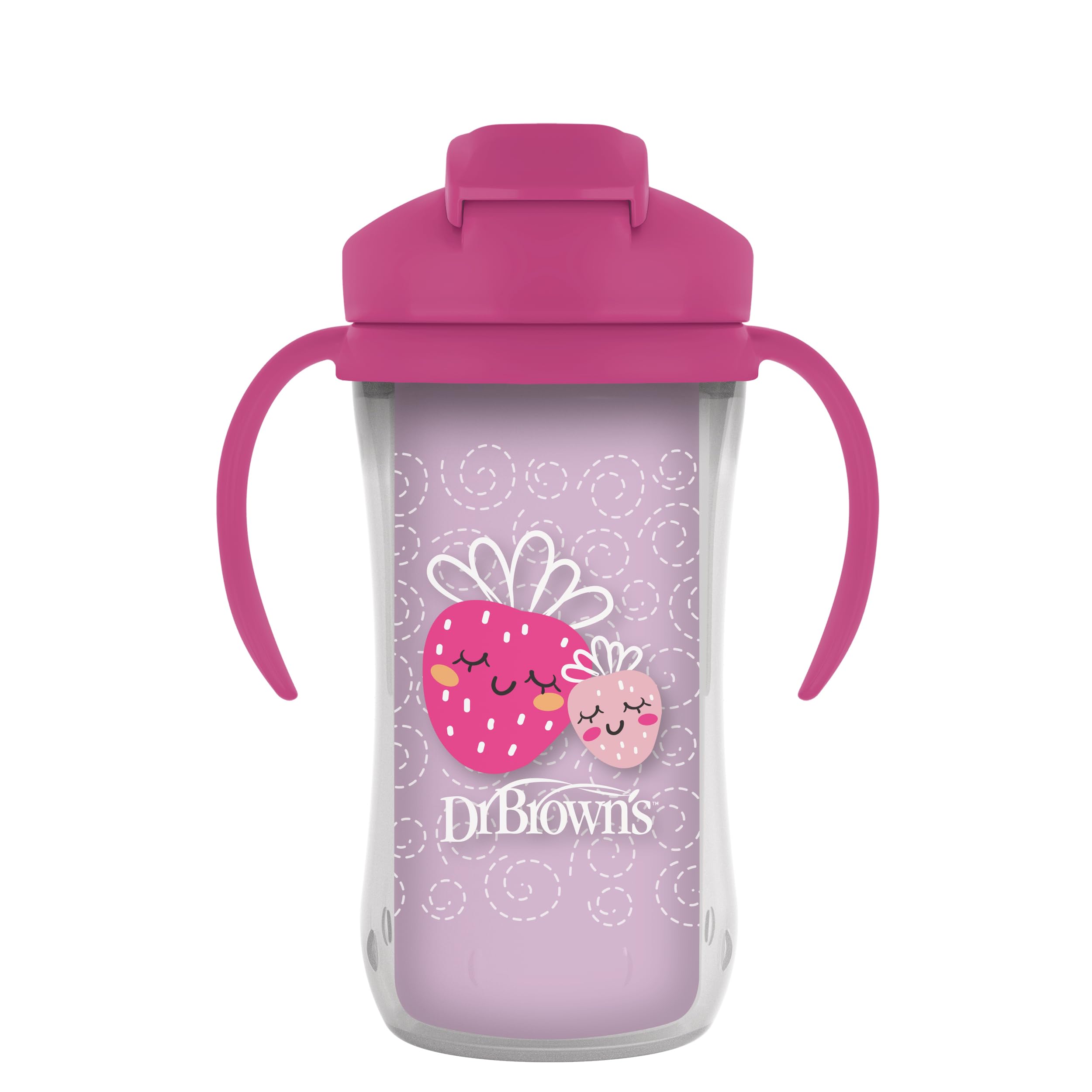 Dr. Brown’s Milestones Insulated Sippy Cup with Straw and Handles, Spill-Proof Tumbler with Lid, Pink Strawberries, 10 oz/300 mL, BPA Free, 12m+