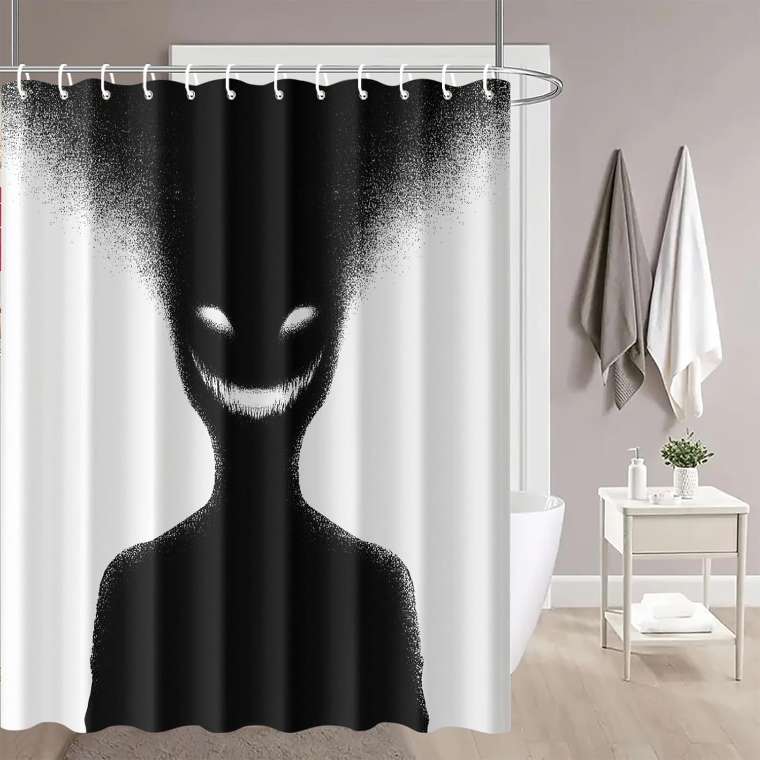 Creepy Shadow Shower Curtain 72x72 Inch with Hooks Horror Smiling Face Silhouette Design Fabric Bathroom Decor with Spooky Black and White Theme for Gothic Bathtub
