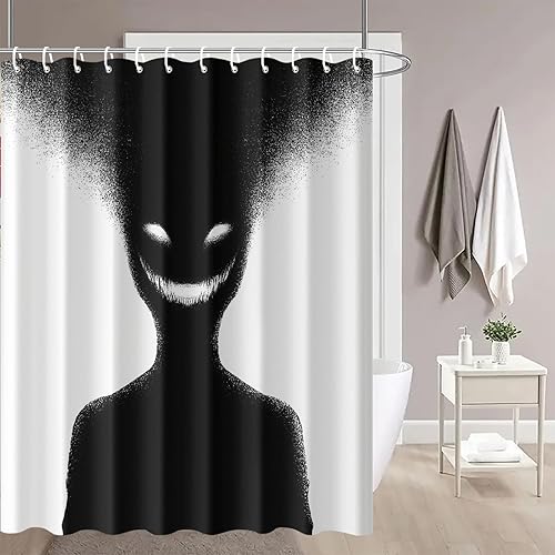 Miniatura 7 de Cortina de ducha espeluznante de 72 x 72 pulgadas con ganchos, diseño de silueta de cara sonriente de terror, decoración de baño con tema