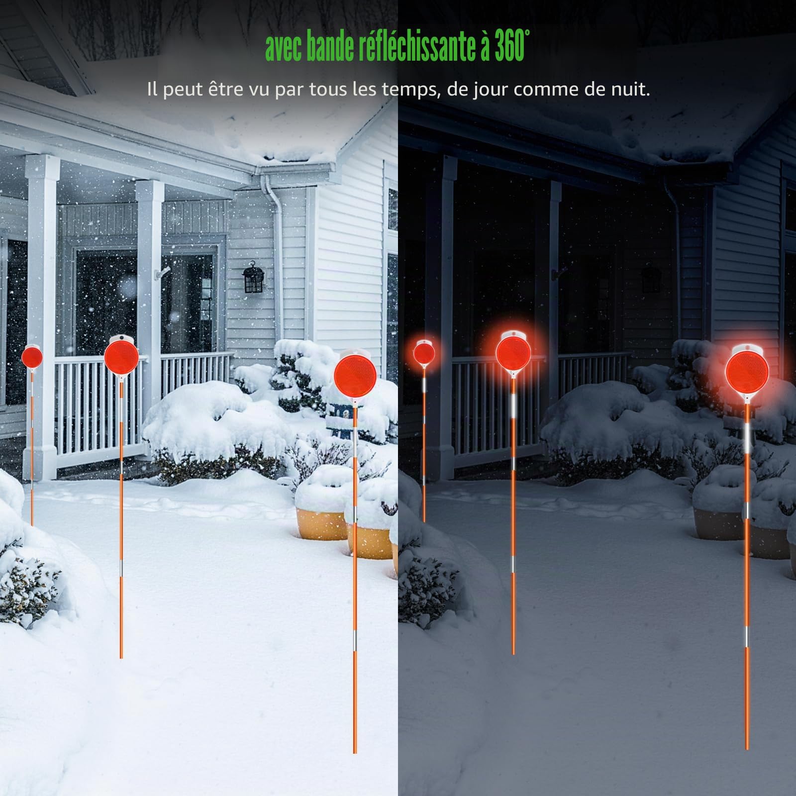 Lot de 10 marqueurs réfléchissants pour allée, piquets à Neige en Fibre de Verre Orange de 129,5 cm avec réflecteur Double Face et Bande réfléchissante pour parkings, allées et trottoirs