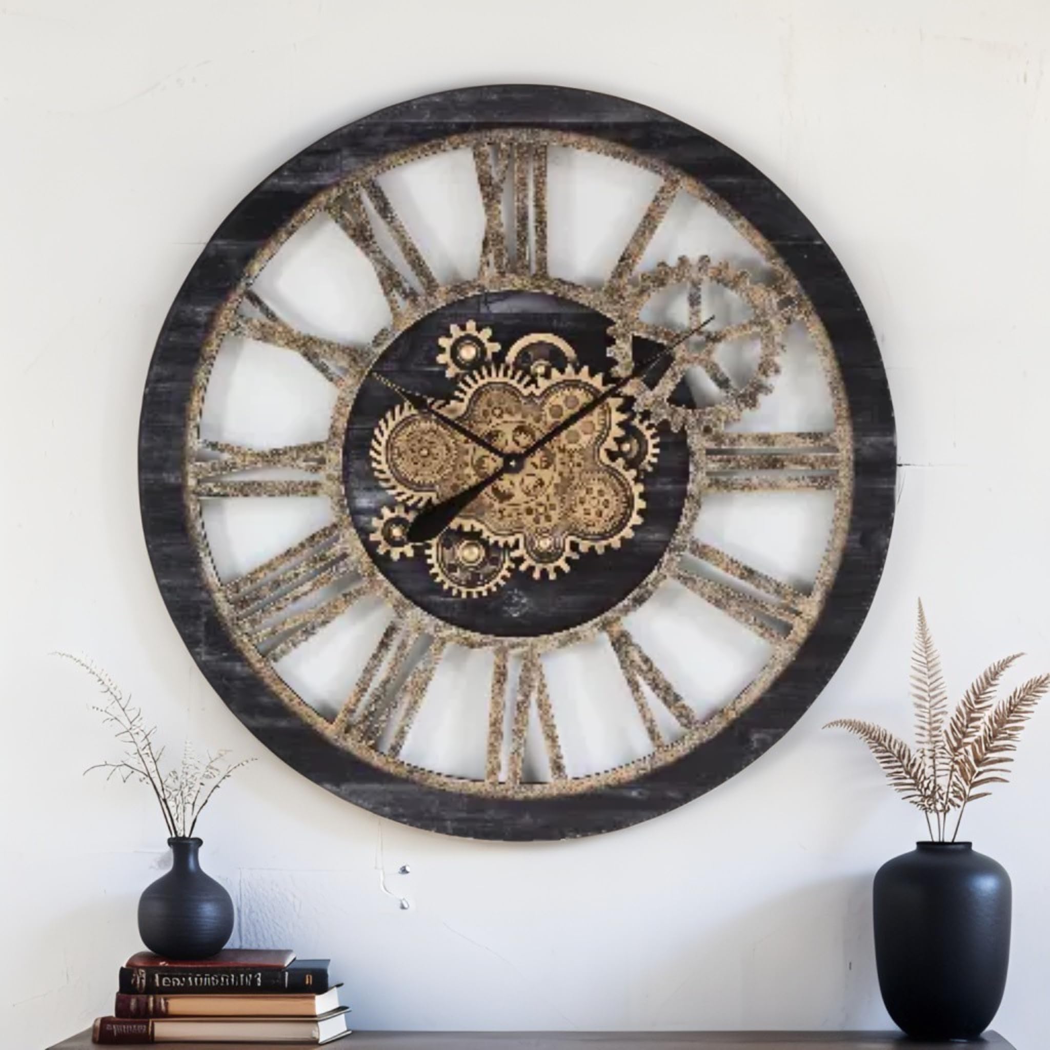 The Gears Clock - Orologio da parete con ingranaggi mobili, stile vintage, industriale, grande, rustico, stile vintage, in legno nero e bronzo