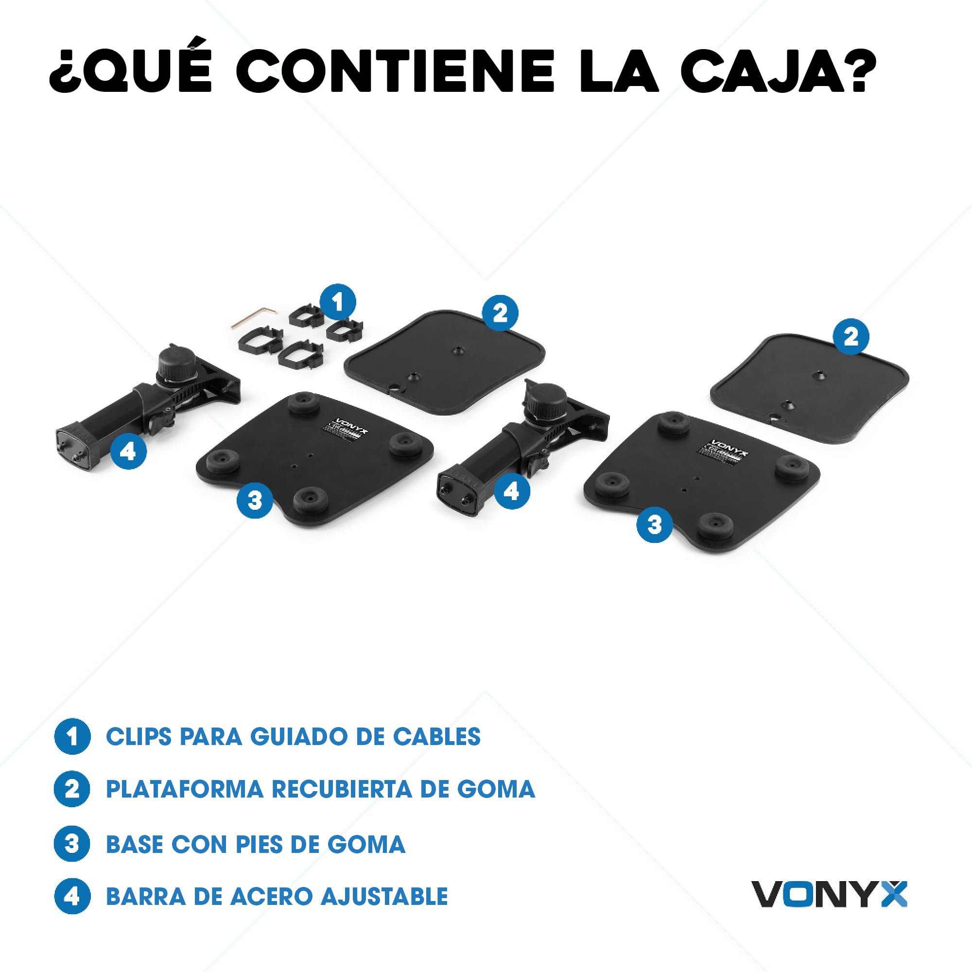 Vonyx SMS30 - Soporte de altavoz universal ajustable en altura de 23 cm a 29,5 cm, soporte estable para altavoces o monitores de estudio de hasta 15 kg e inclinación de +/- 10° para un sonido óptimo