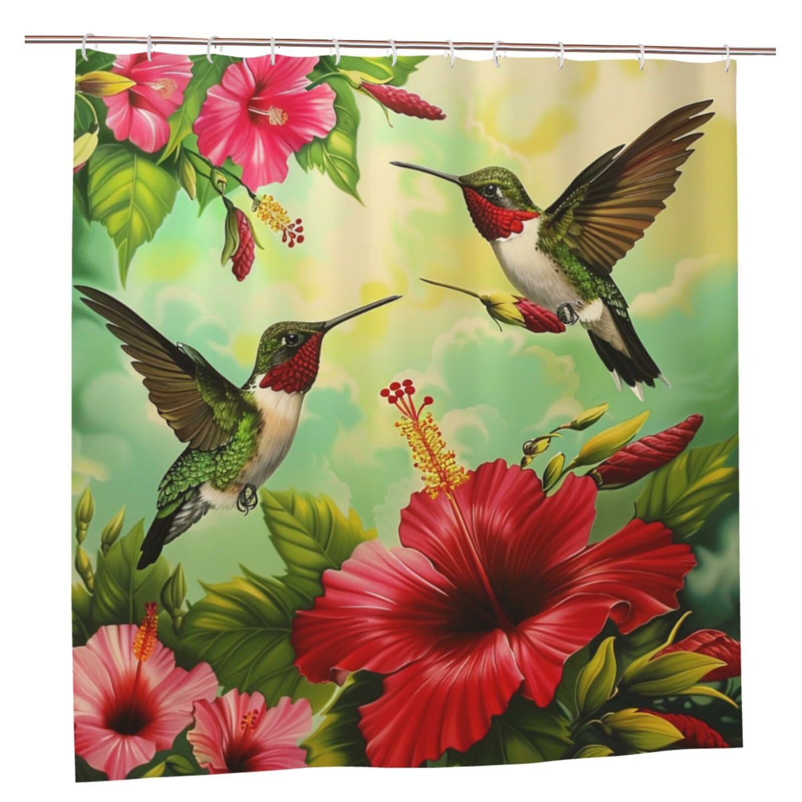 BWWHCCTI Hummingbirds Red Flower Hibiscus Printed Shower Curtain With 12 Plastic Hooks Opaque Quick Drying Waterproof Shower Curtains Sets For Bathroom 183x183 CM