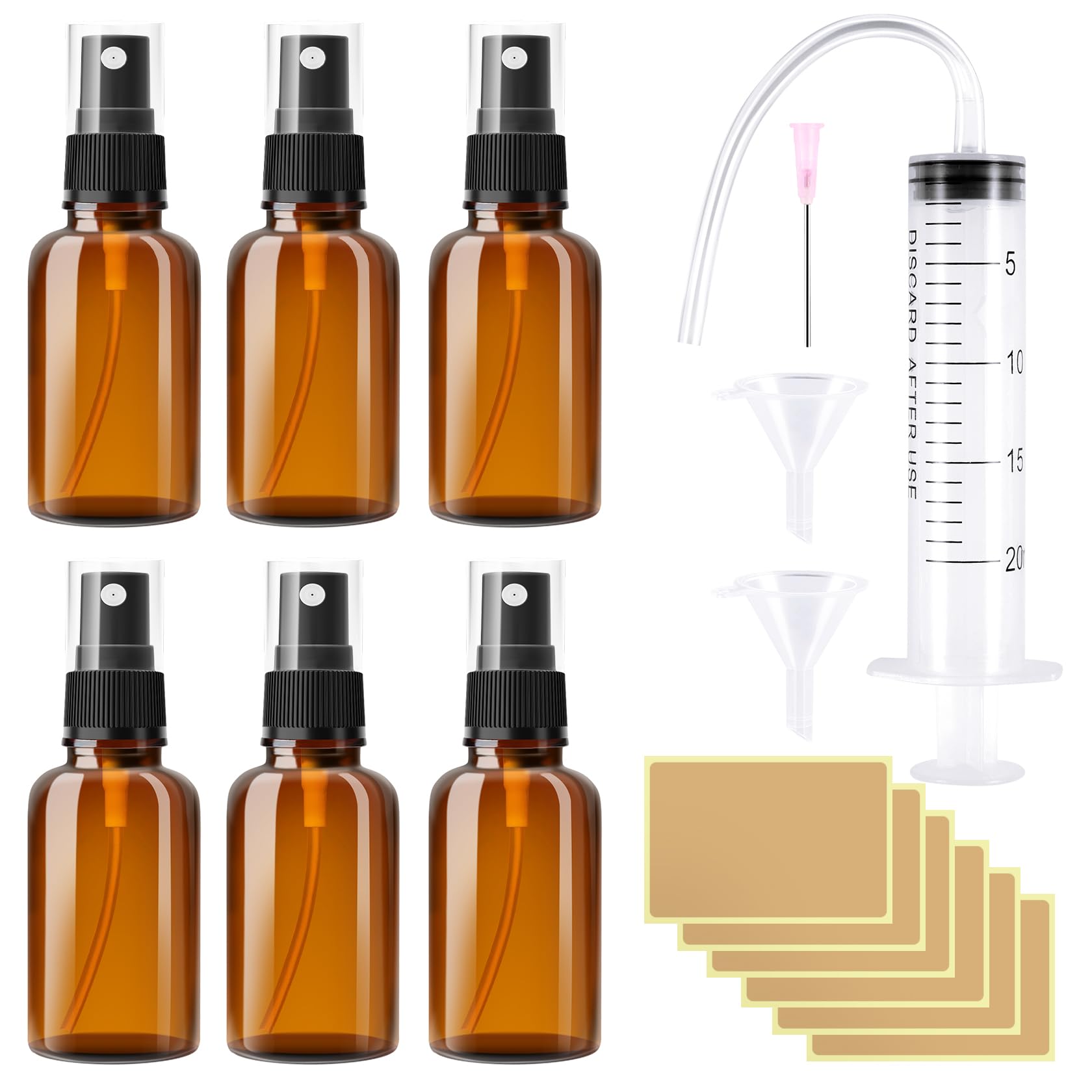 Szklana Butelka z Rozpylaczem 30 ml, 6 szt., do Wielokrotnego Napełniania, z 9 Akcesoriami