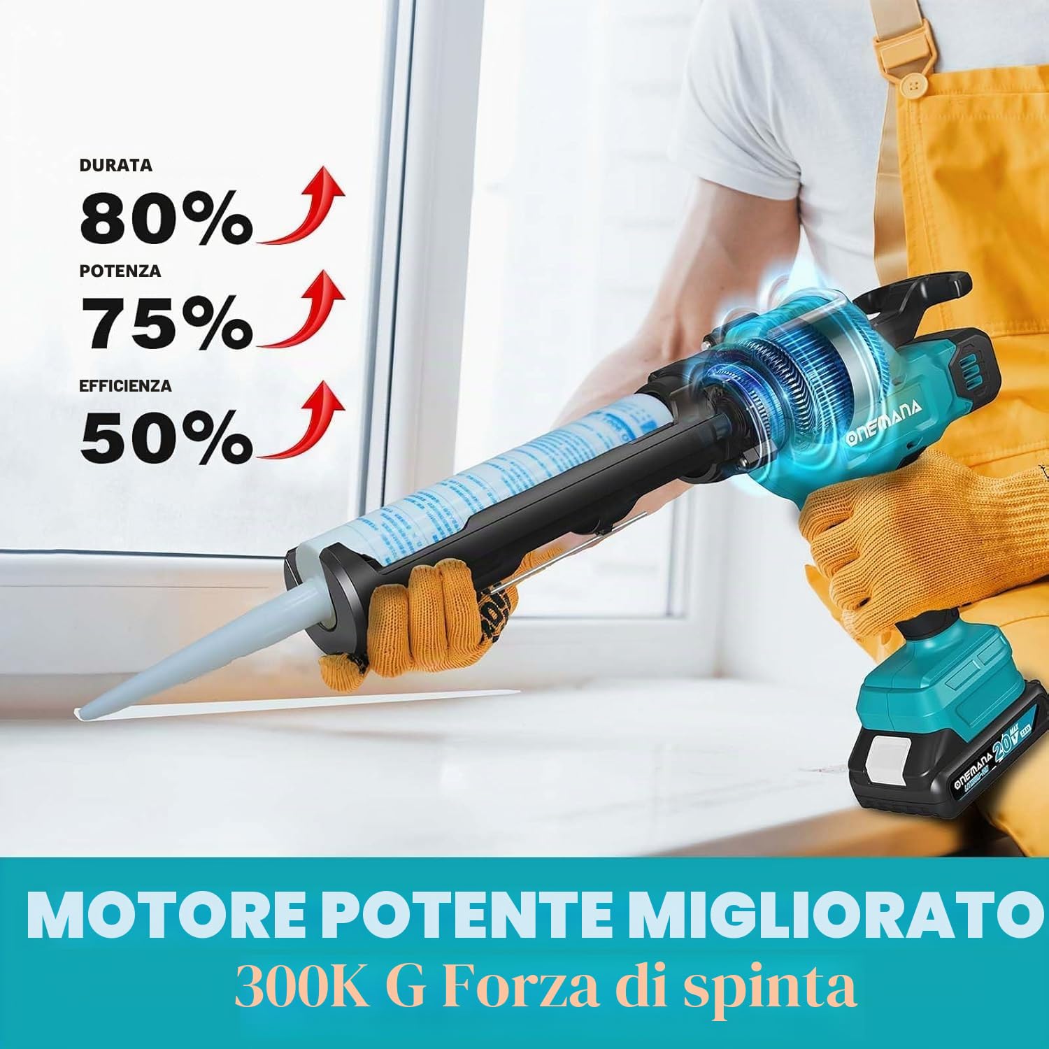 Pistola per cartuccia a batteria 18 V, per cartucce da 300 ml, fino a 6500 N, siringa elettrica in silicone a 6 velocità, per sigillatura, spatola, sigillatura (Con batteria 2.0AH)
