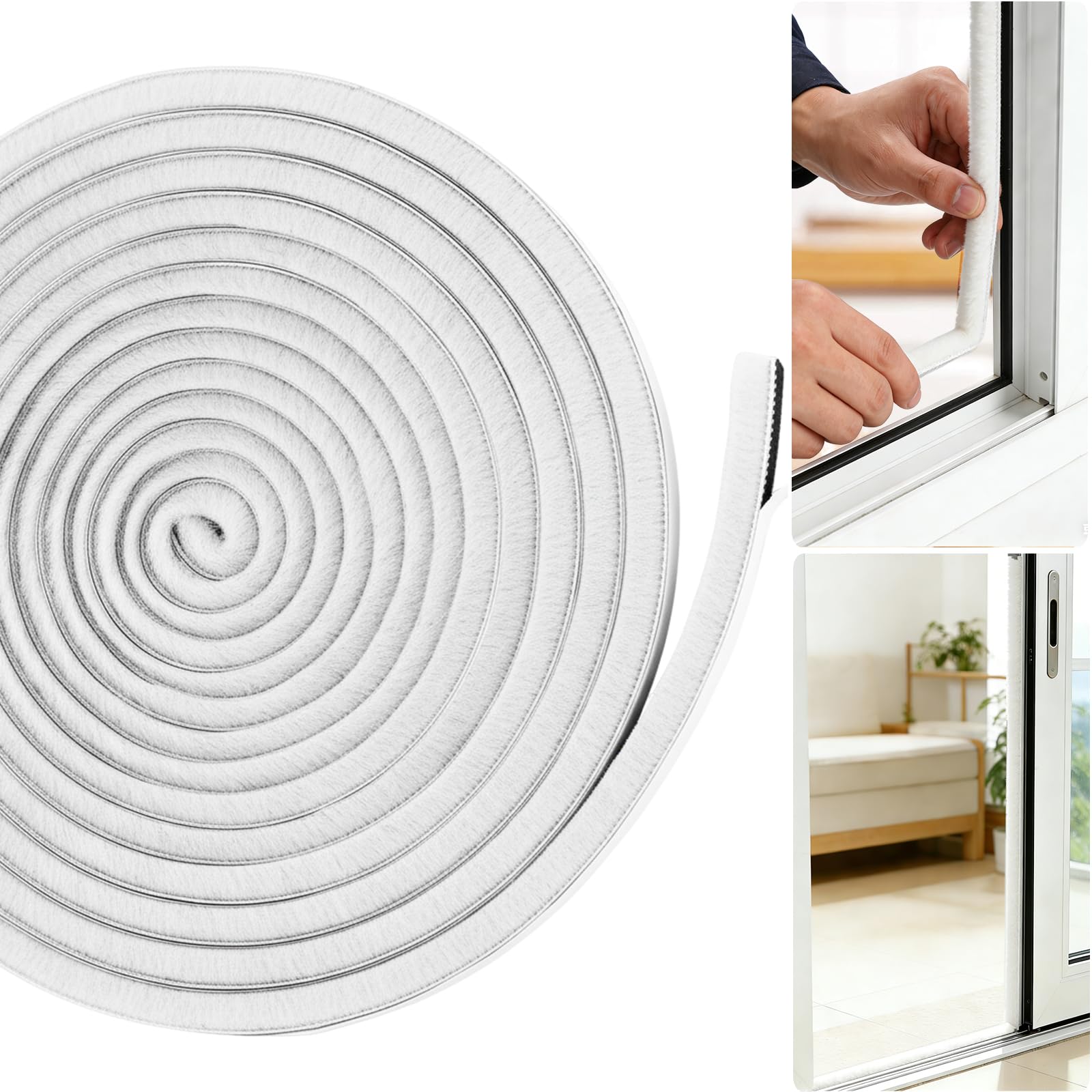 Draught Excluder for Doors and Windows, 6M Self Adhesive Brush Weather Stripping, 9mm x 9mm High Density Pile Seal Strip for Sliding Door- Windproof, Soundproof & Energy Saving (White, 9mm*5mm*6m)