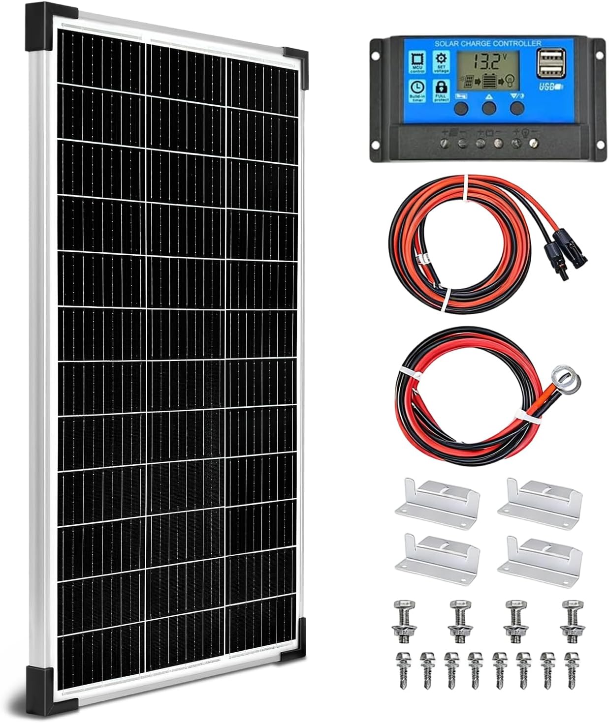 100W Solar Panel 12V Battery Chager + 20A PWM Charge Controller + Extension Cables+ Z Mounting Brackets…