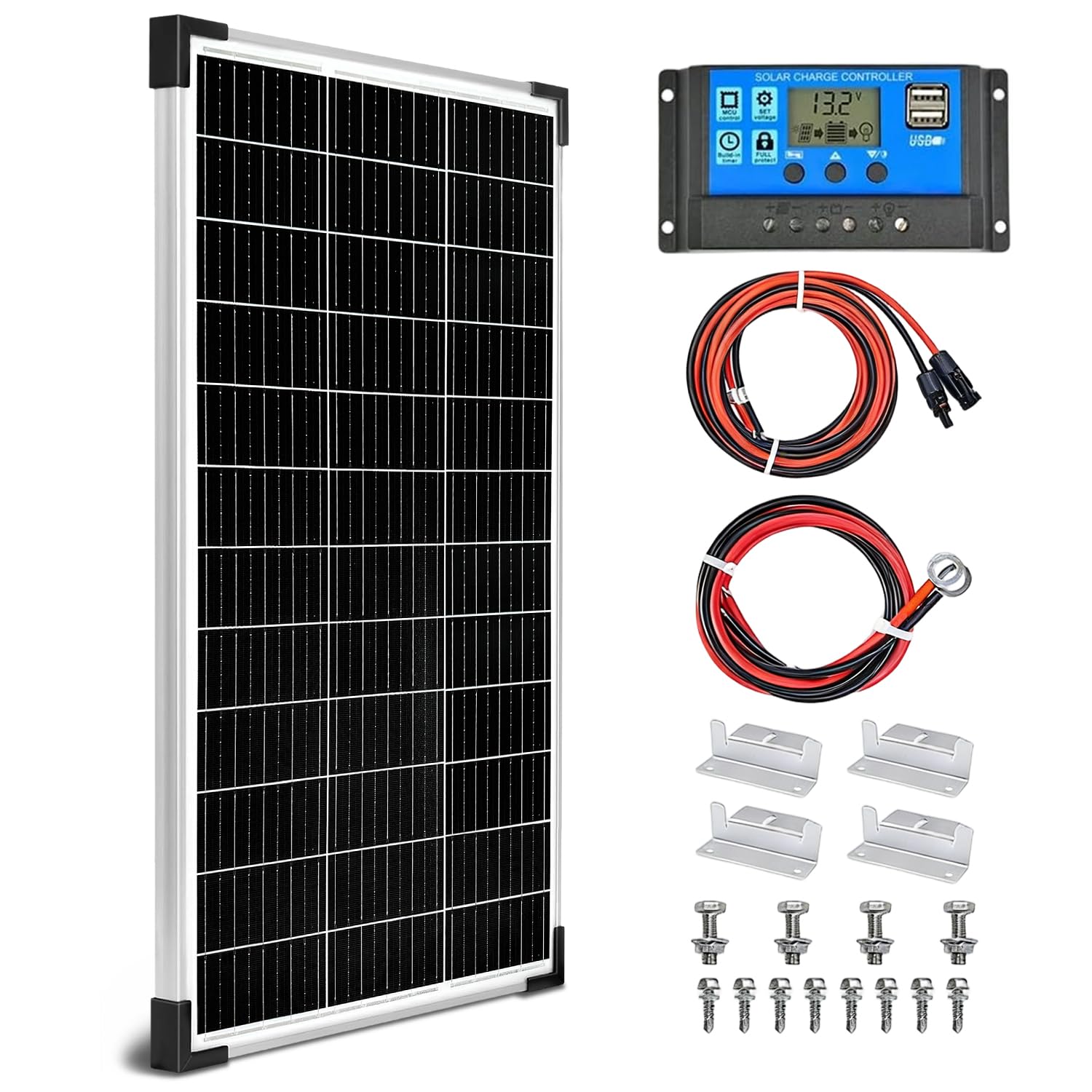 Solar Panel Kit 100W 12V Monocrystalline,Battery Maintainer +10A Solar Charge Controller + Extension Cable with Battery Clips O-Ring Terminal for RV Marine Boat Off Grid System