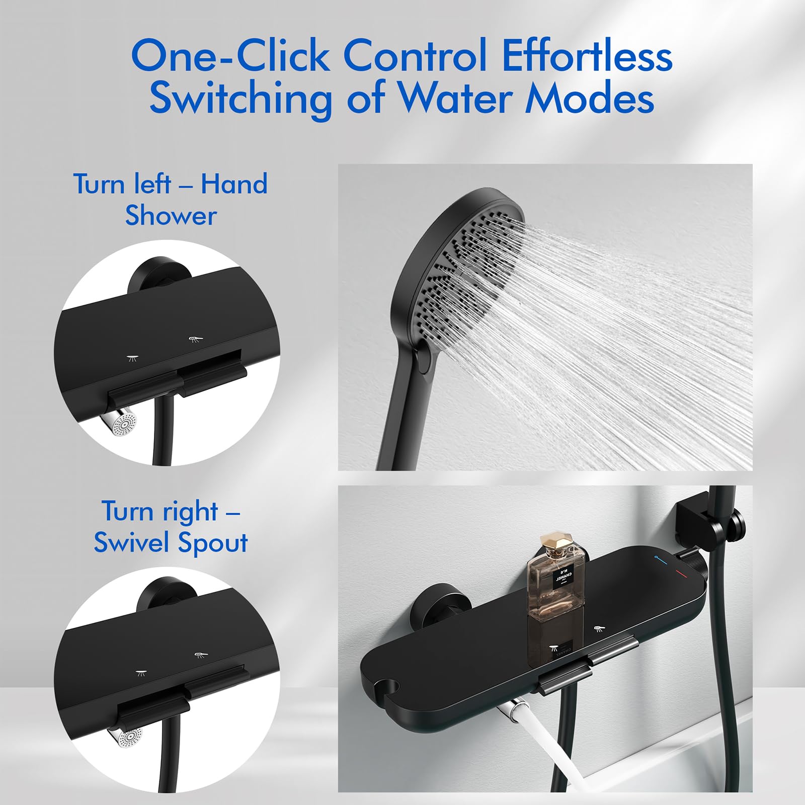 HOMELODY Badewannenarmatur schwarz mit Handbrause | 360° drehbarer Auslauf, Badewannenarmaturen mit Duschbrause, Glasablage, 1,5 m PVC Schlauch, Mischbatterie zur Wandmontage