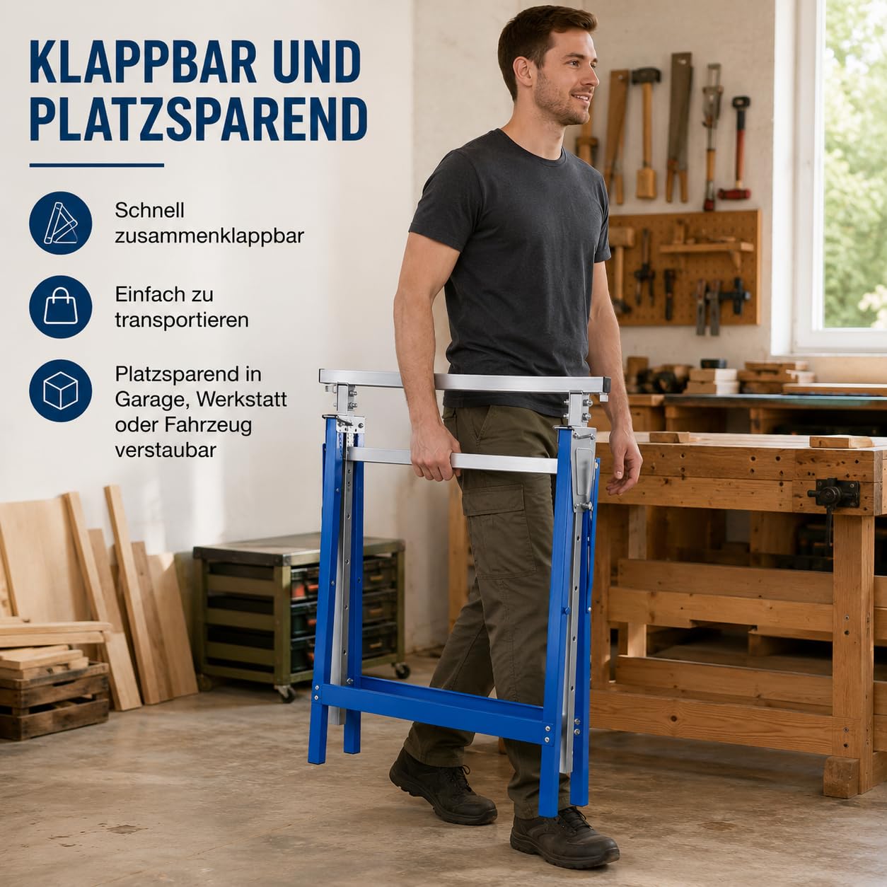 Stojak na rusztowania, zestaw 4 teleskopowych kozłów roboczych, regulowana wysokość robocza 80-130 cm, 7-stopniowa regulacja wysokości, metalowy stojak maks. obciążenie 200 kg, niebieski