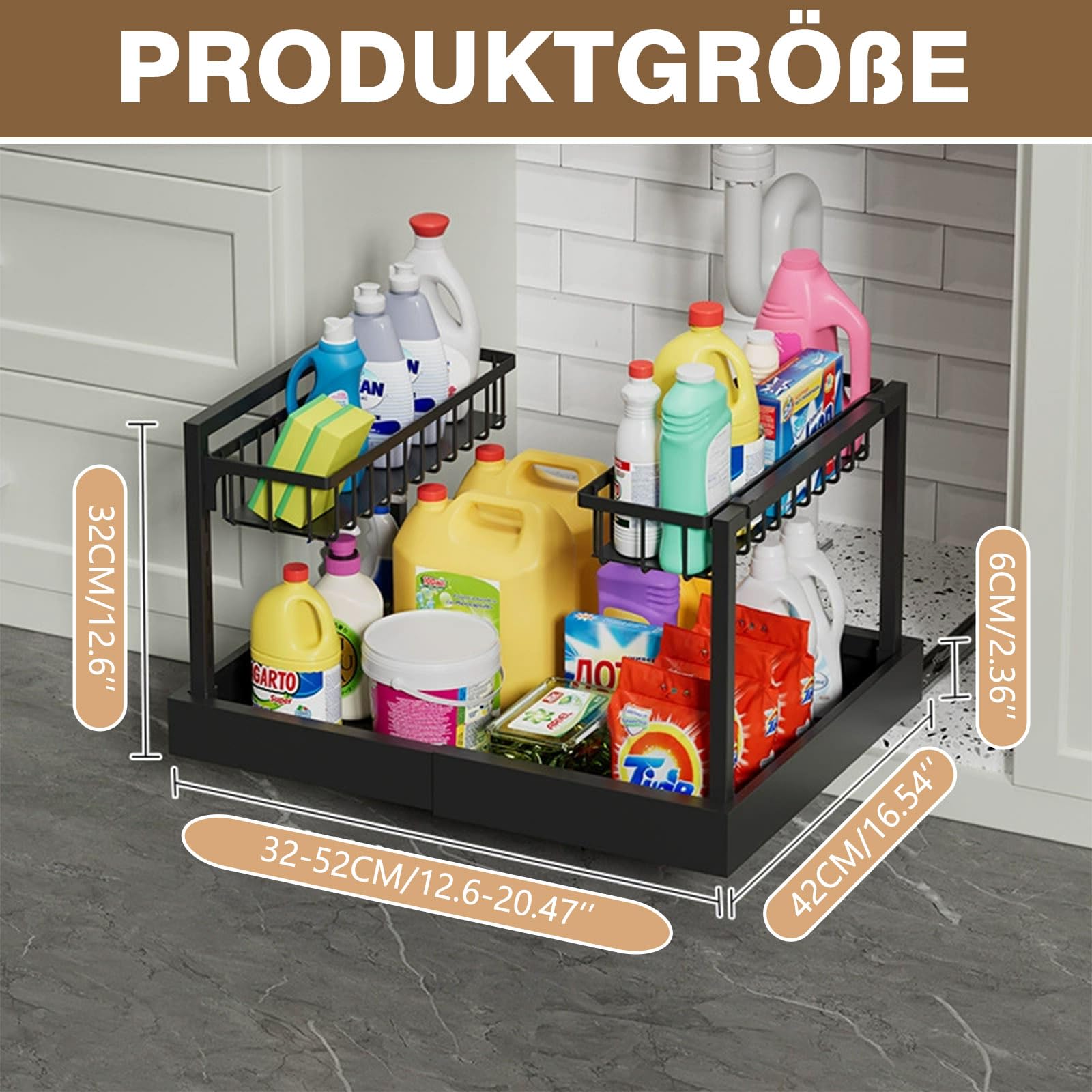 TWSOUL Organizador de armario extensible de 2 niveles debajo del lavabo, organizador de cocina, longitud extensible de 32 a 52 cm, para armario y baño, sistema de organización de armario