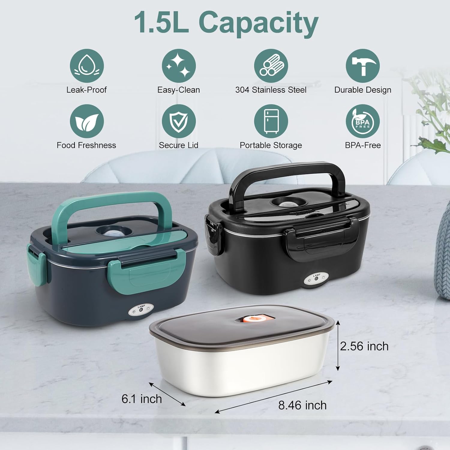 1.5L Stainless Steel Inner Container with Cover, Single Compartment, Removable Replacement Tray, Easy to Clean, Dishwasher Safe (Only for 1.5L Electric Lunch Box) - Image 3