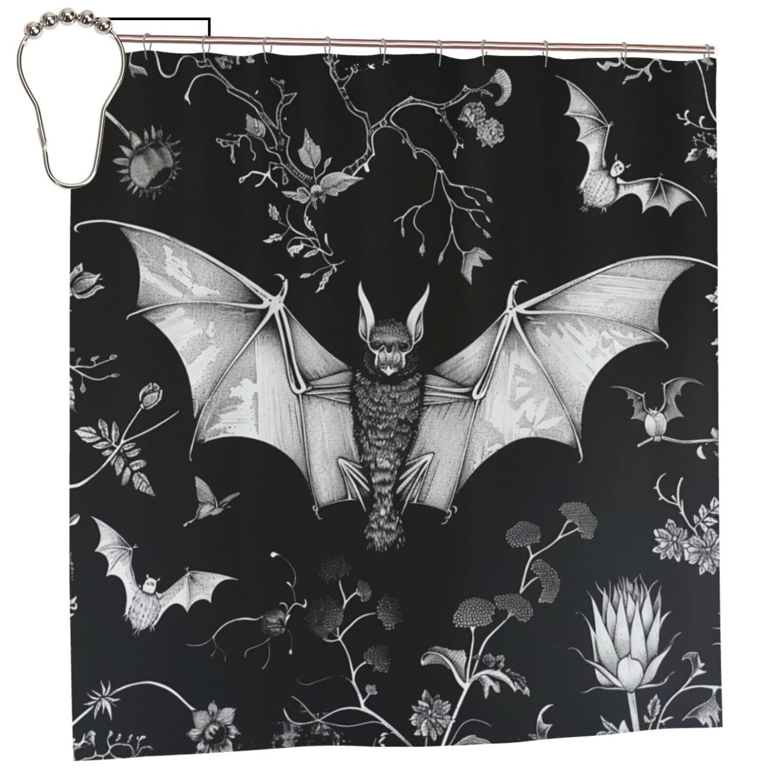 BWWHCCTI Bat Print Printed Shower Curtain With 12 Iron Hooks Opaque Quick Drying Waterproof Shower Curtains Sets For Bathroom 183x183 CM