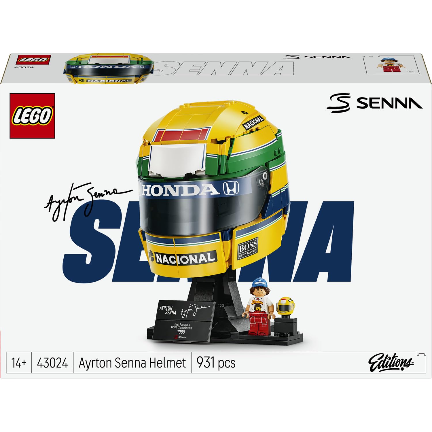 LEGO Editions Ayrton Senna Helmet 43024 | Set for 14+ Year Old Boys & Girls, Display Model Kit, Collectible Minifigure, Formula 1 Merchandise, Gift Idea, 931 Pieces