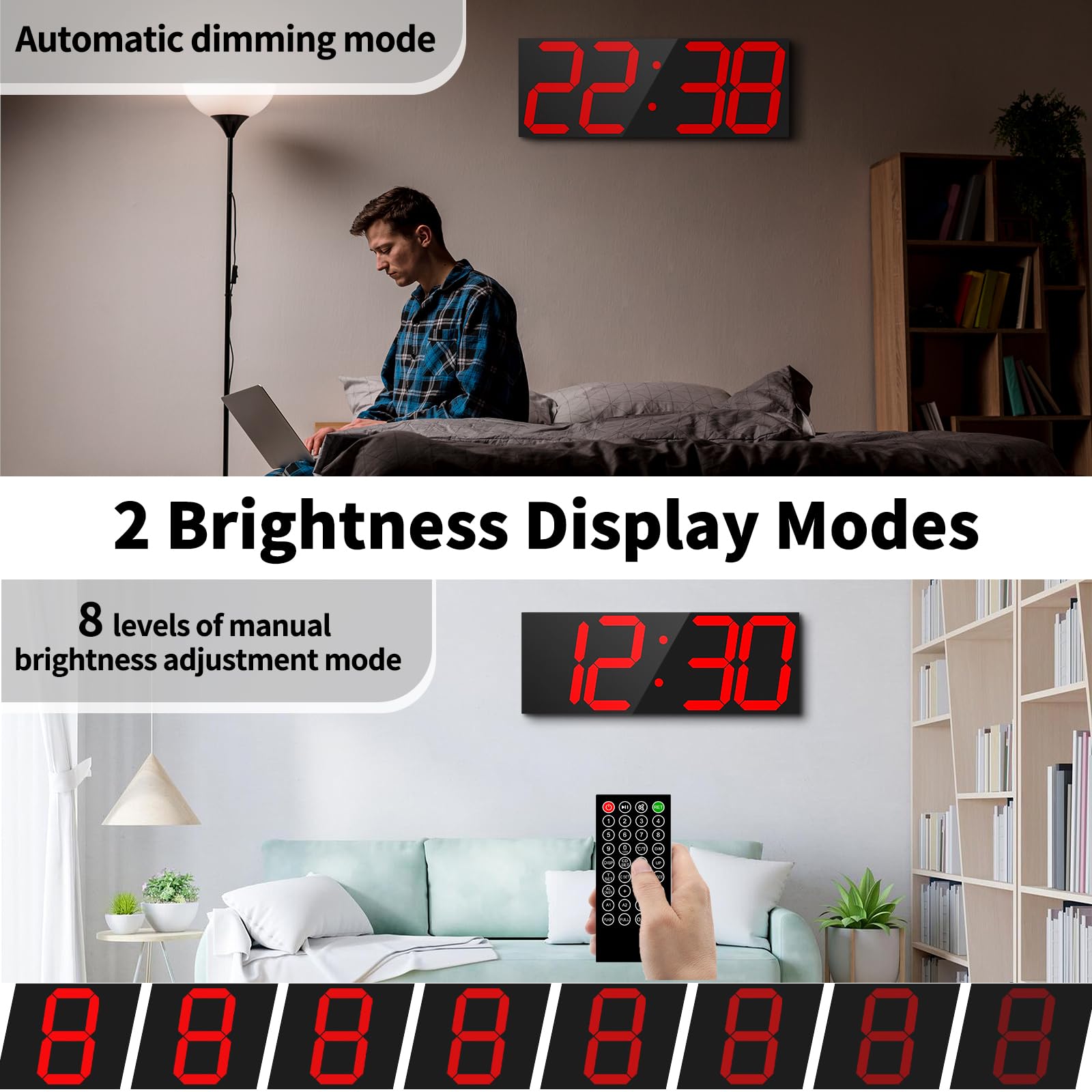 CHKOSDA Horloge murale numérique automatique de 47 cm, horloge murale LED avec grand écran, horloge multifonction avec alarme et minuterie, synchronisation automatique de l'heure, horloge numérique