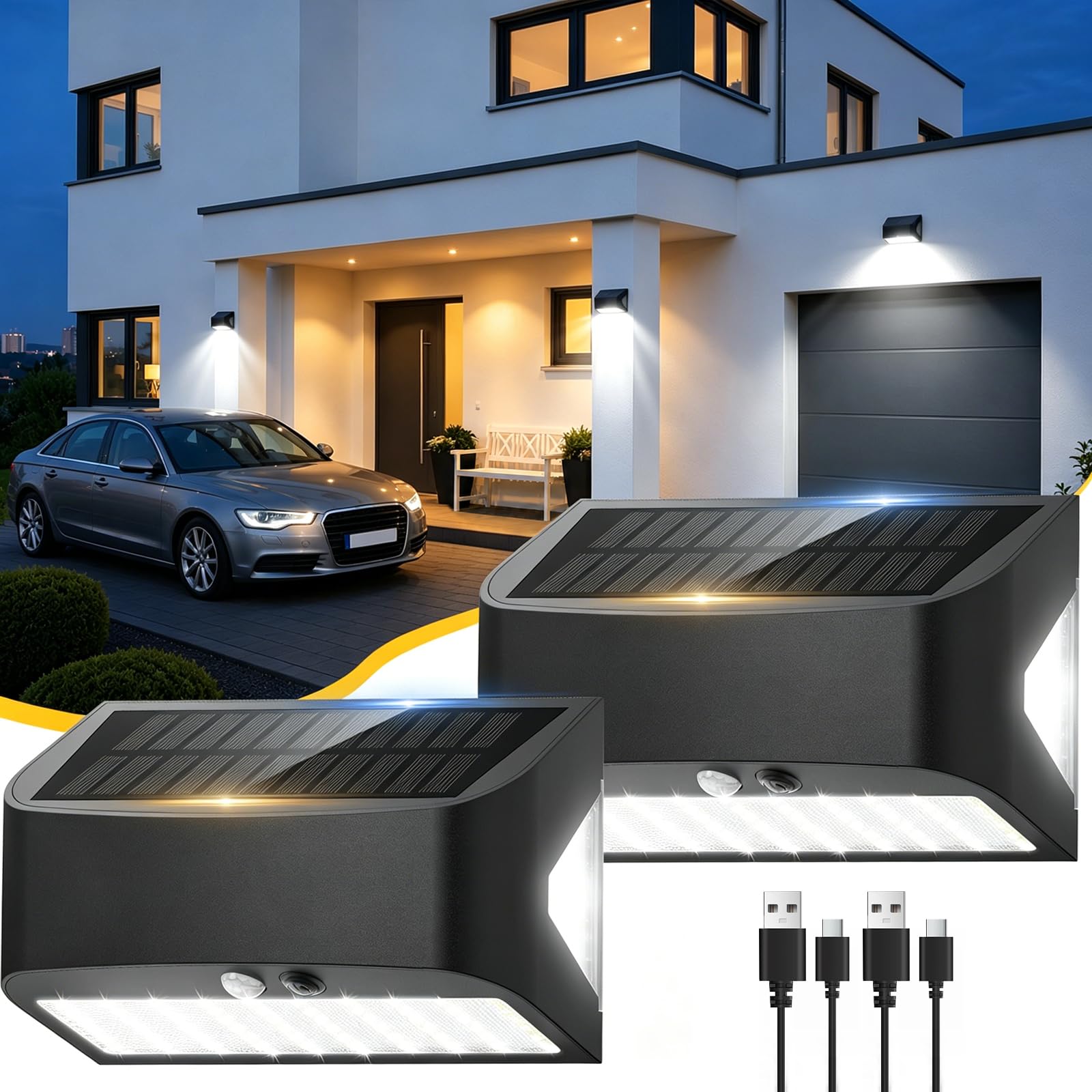 Soiarllt Solar Wall Lights Motion Sensor 1200LM USB Rechargeable,Off-Bright 2400mAh Outdoor Security Lights with Rear Light 6500K Porch Light 18-24H, IP65 for Patio Garage Porch Path Garden Fence