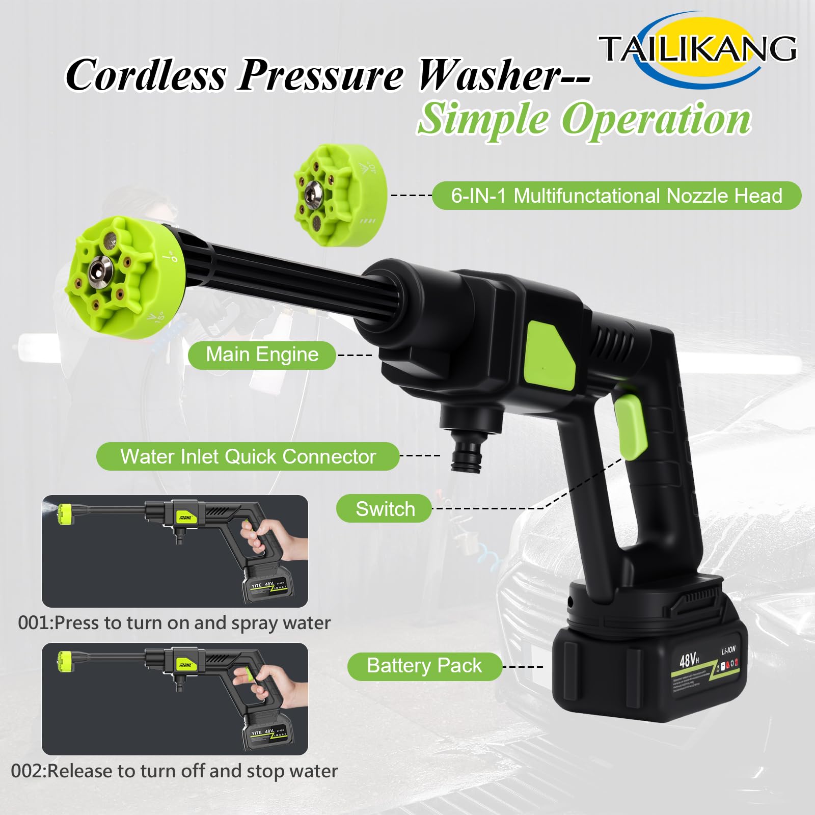 Lavadora a presión inalámbrica, lavadora eléctrica portátil 6 en 1, manguera de 5 m, pistola de agua de alta presión, lavadoras eléctricas inalámbricas para limpieza de patio y coche, grifo conectable