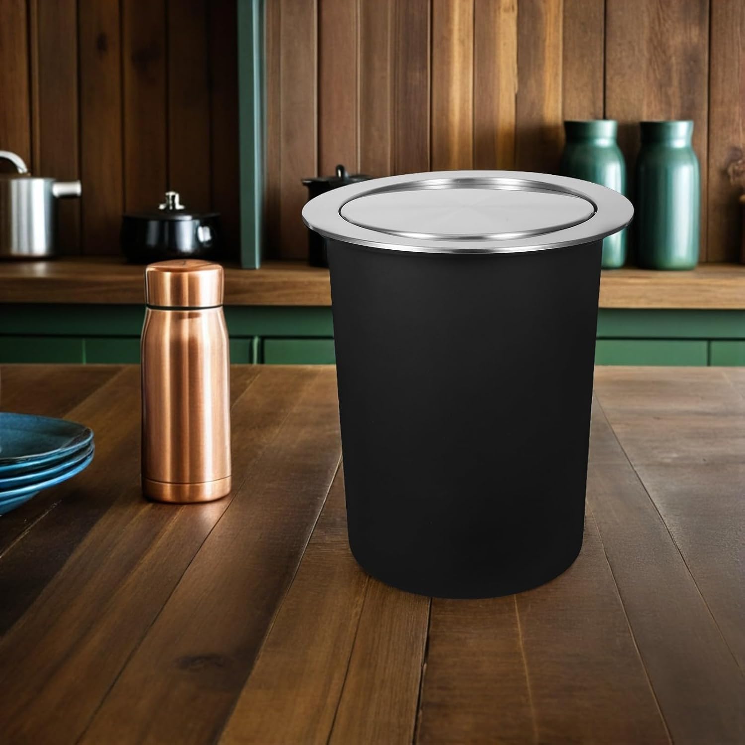 Kitchen Trash Can Embedded Countertop Stainless Steel Garbage Bin with Lid Swing Cover for Home Kitchen Waste Disposal Set D-252z-430