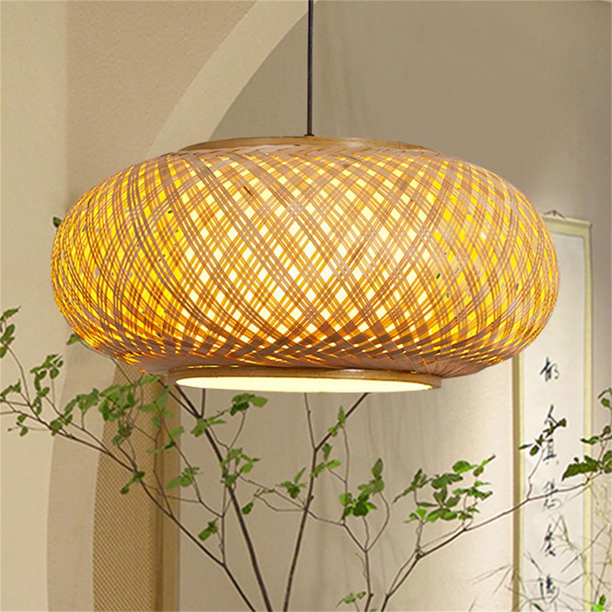 CSSYKV Chinese Bamboo Lantern Pendant Lighting Vintage Rustic Décor Fixtures 19.7'', E26 Bulb, with Adjustable Cord Woven Bamboo Ceiling Hanging Light for Living Dining Room Café, Farmhouse