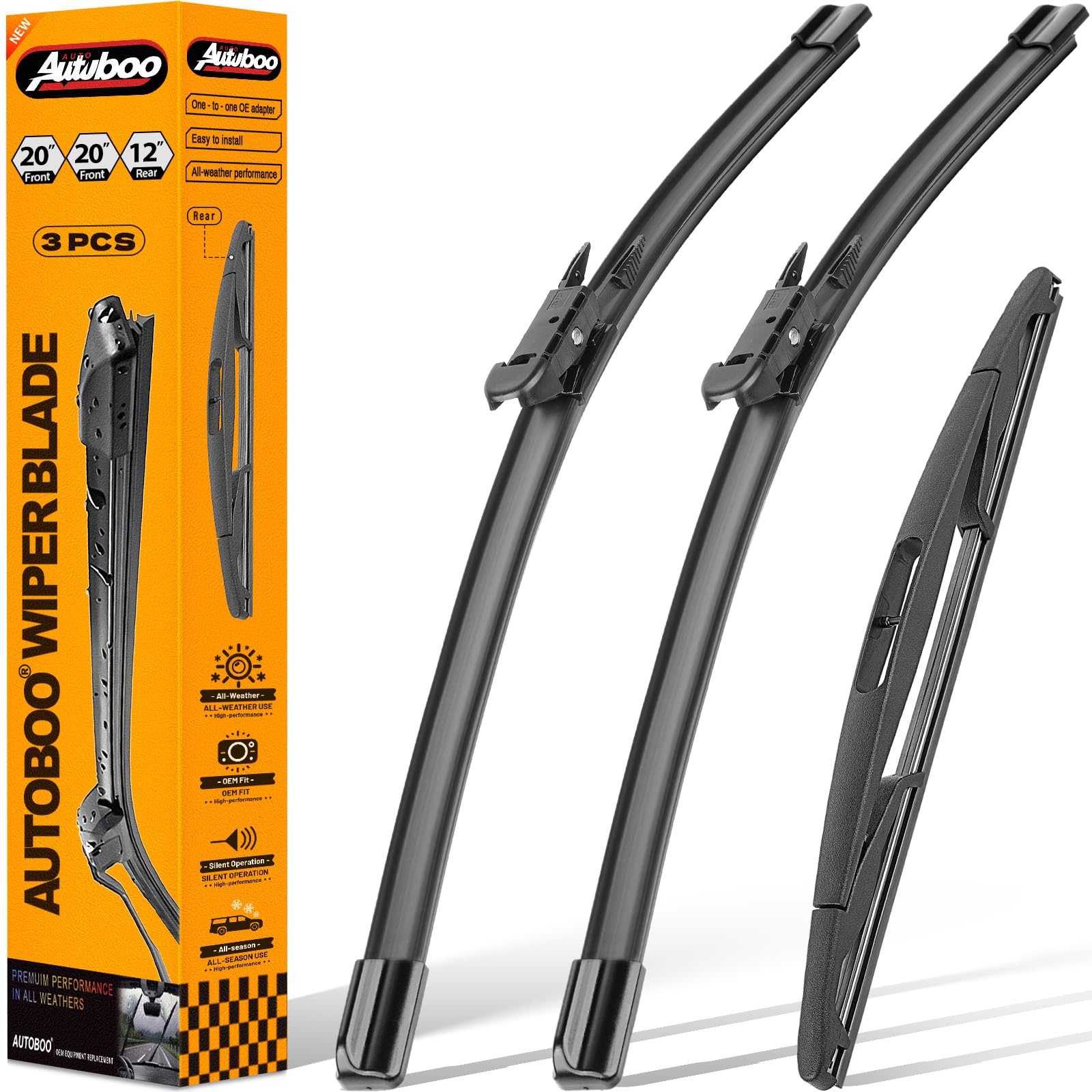 AUTOBOO 20+20 Windshield Wipers Blades for Ford Escape 2012 2011 2010 2009 2008 with 12 Rear Blade Original Equipment Replacement- I&L Pinch Tab (Pack of 3)